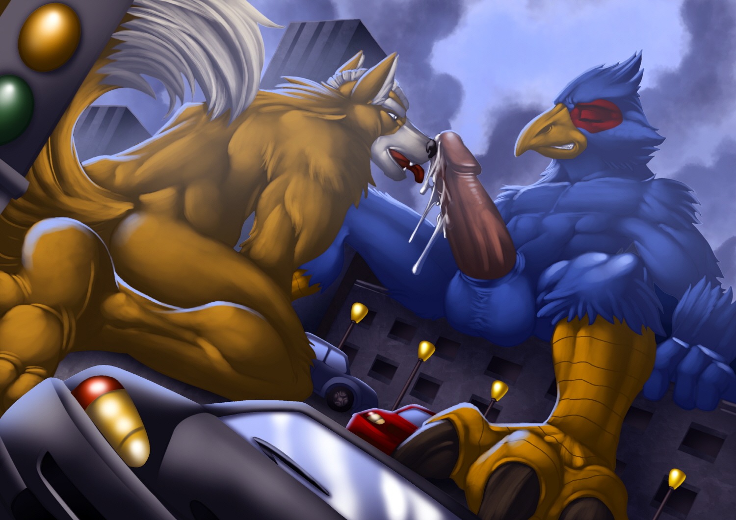 anthro avian canine city falco_lombardi fellatio fox fox_mccloud fur furry gay inert-ren macro male male_only muscular nintendo oral oral_sex rule34 sex star_fox video_games yaoi
