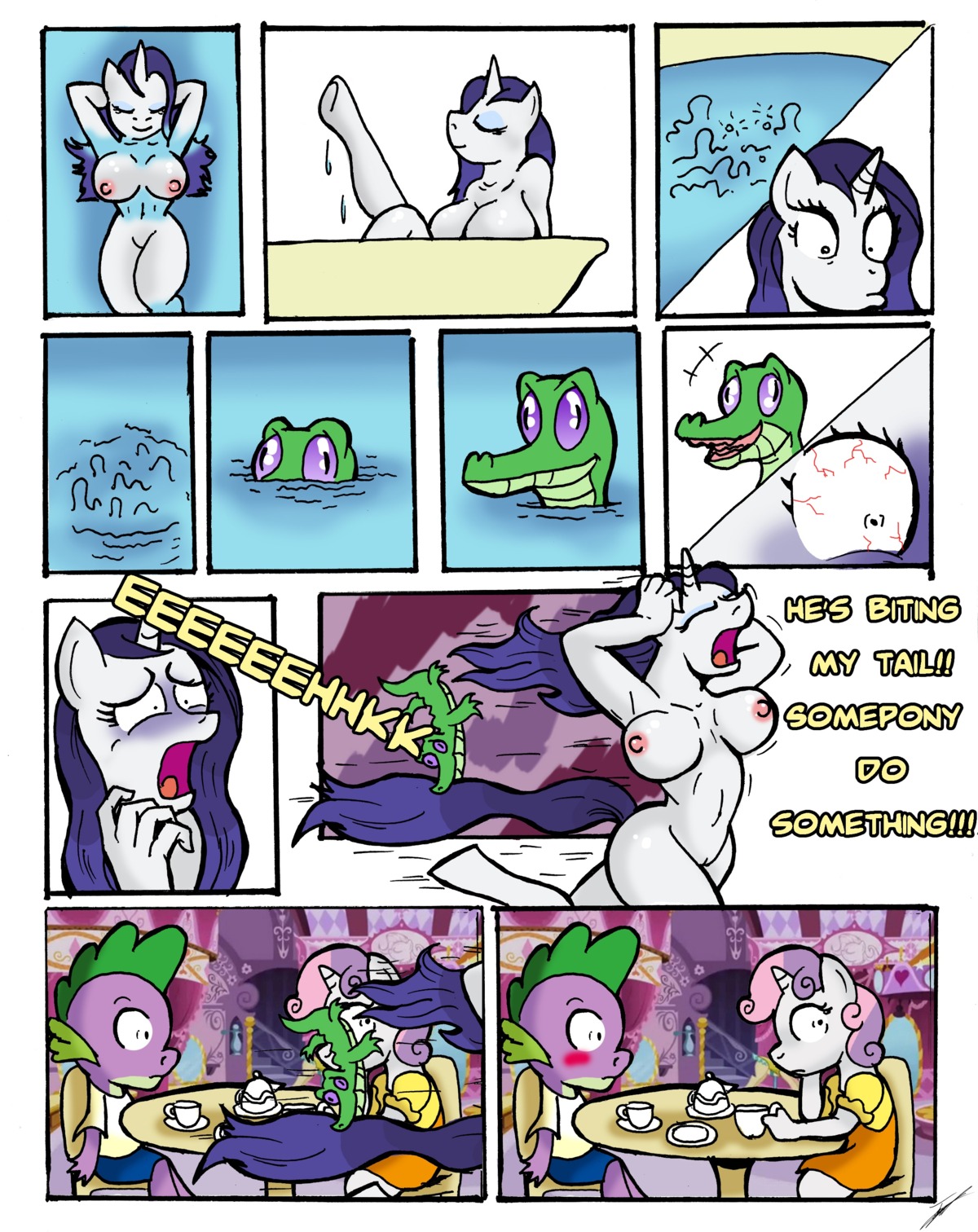 2012 absurd_res anthro anthrofied breasts denlusty dialogue dragon e621 english_text equid equine female friendship_is_magic genitals group gummy_(mlp) hasbro hi_res horn male mammal my_little_pony mythological_creature mythological_equine mythological_scalie mythology nipples nude rarity_(mlp) scalie spike_(mlp) sweetie_belle_(mlp) tail text unicorn vulva young young_anthro