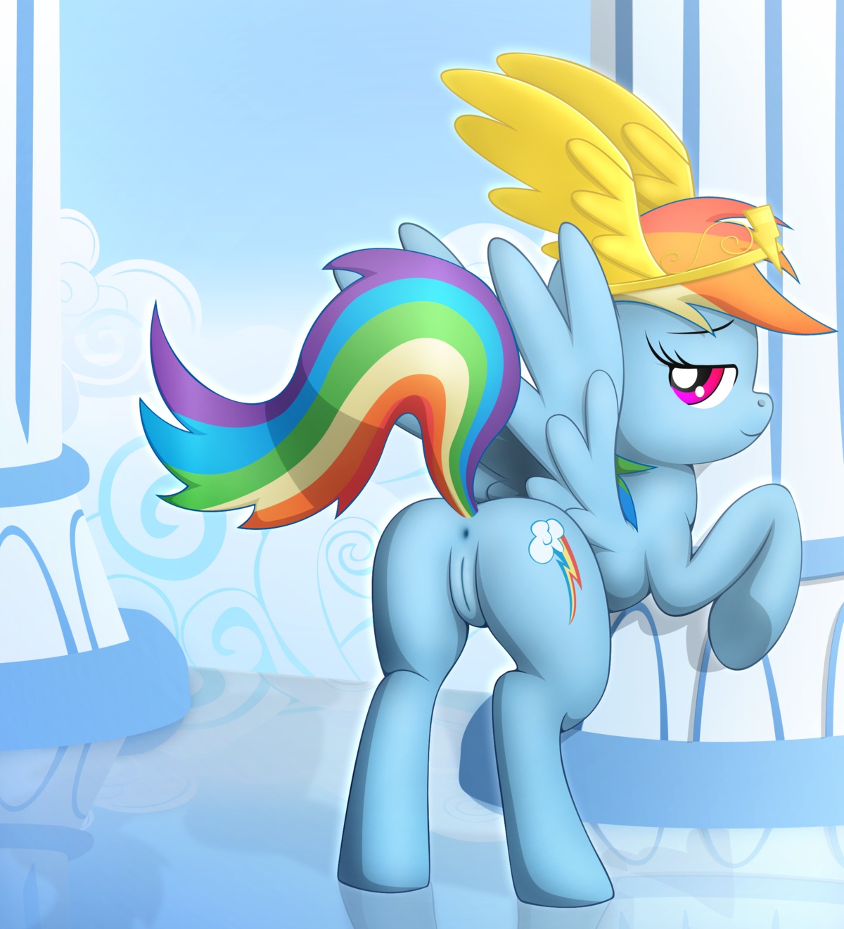 2012 anus bedroom_eyes blue_body blue_feathers blue_fur butt cloud crown cutie_mark e621 equid equine eyelashes feathered_wings feathers female feral friendship_is_magic fur genitals grispinne hair half-closed_eyes happy hasbro headgear hi_res long_hair looking_at_viewer looking_back mammal multicolored_hair multicolored_tail my_little_pony mythological_creature mythological_equine mythology narrowed_eyes naughty_face outside pegasus presenting presenting_hindquarters presenting_vulva purple_eyes rainbow_dash_(mlp) rainbow_hair rainbow_tail raised_tail seductive sky smile solo tail vulva wing_boner wings