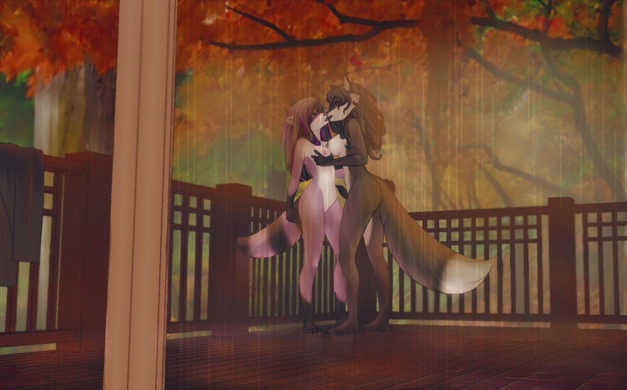 anthro autumn black_nipples black_penis breasts butt canid canine duo e621 erection female fionafortunecookie foreplay fox genitals gynomorph intersex kissing mammal nipples nude outside penis procyonid raccoon raining raishi raynie romantic romantic_ambiance
