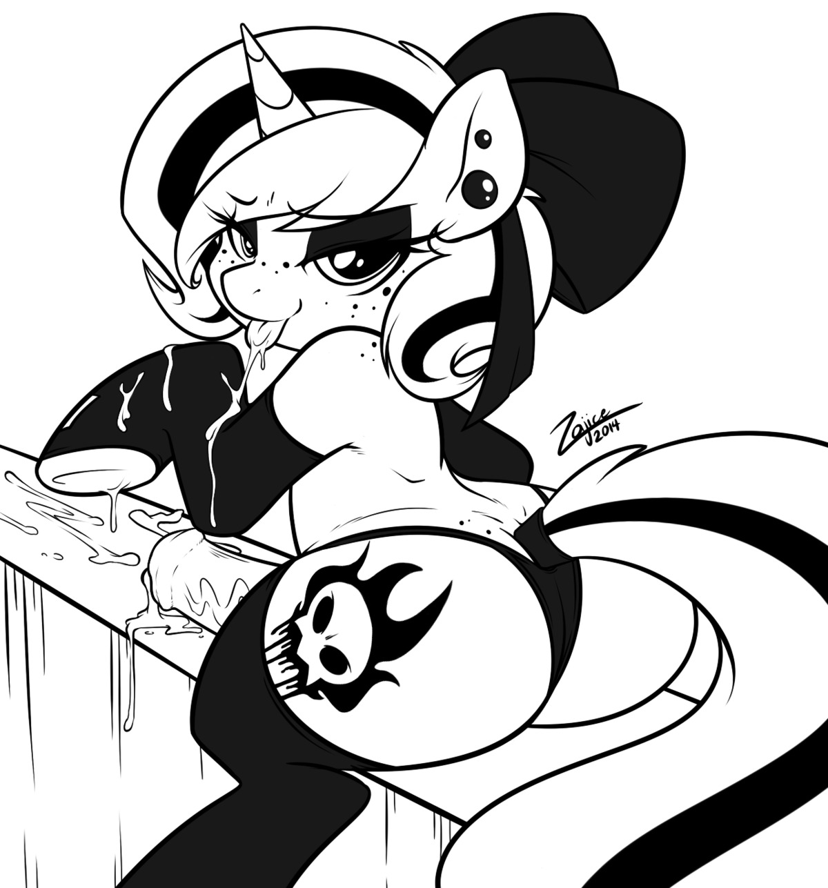 2014 bedroom_eyes bodily_fluids butt clothing cum cutie_mark demon e621 ear_piercing equid equine erection fan_character feral freckles genital_fluids genitals gynomorph half-closed_eyes hasbro hi_res horn intersex legwear lilith_(zajice) looking_at_viewer mammal monochrome my_little_pony mythological_creature mythological_equine mythology narrowed_eyes panties penis piercing seductive solo stockings tongue tongue_out underwear unicorn zajice
