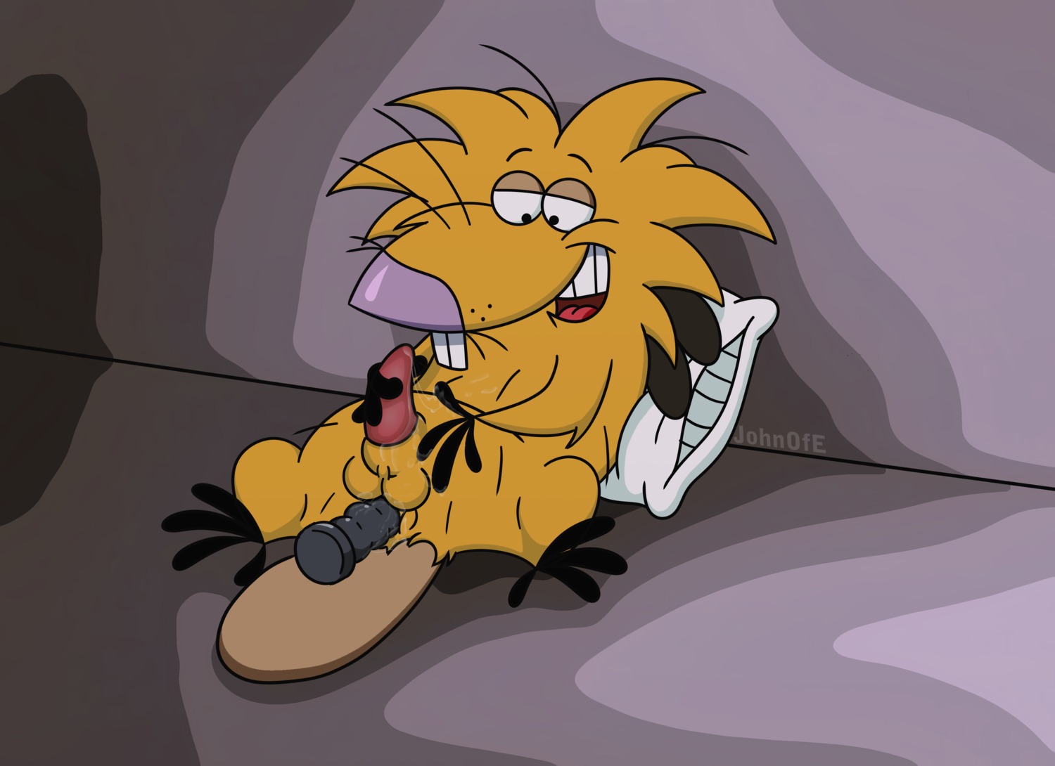 4_fingers 4_toes absurd_res anal anal_masturbation anal_penetration anthro anus balls beaver biped black_eyes bodily_fluids buckteeth cum cum_on_belly cum_on_body cum_on_hand cum_on_penis dildo e621 erection feet fingers fur genital_fluids genitals happy hi_res johnofe male mammal masturbation nickelodeon norbert_beaver nude open_mouth penetration penis pillow purple_body purple_nose purple_skin red_body red_penis red_skin rodent sex_toy sitting slightly_chubby smile solo spread_legs spreading teeth the_angry_beavers toes tongue toying_self yellow_body yellow_fur