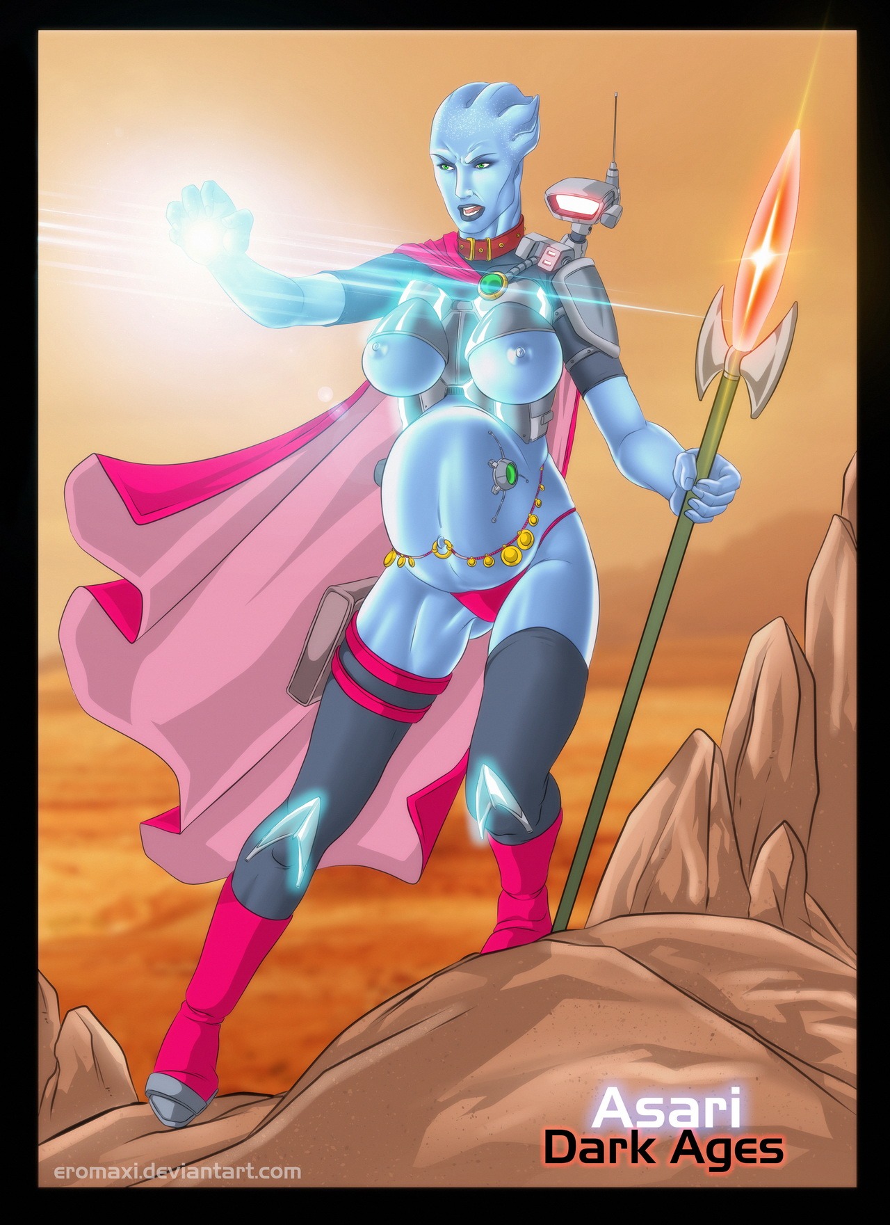 alien alien_humanoid asari belly big_belly bioware blue_body blue_nipples blue_skin breasts e621 electronic_arts english_text eromaxi female green_eyes hi_res humanoid liara_t'soni lips mass_effect nipples not_furry pregnant solo text