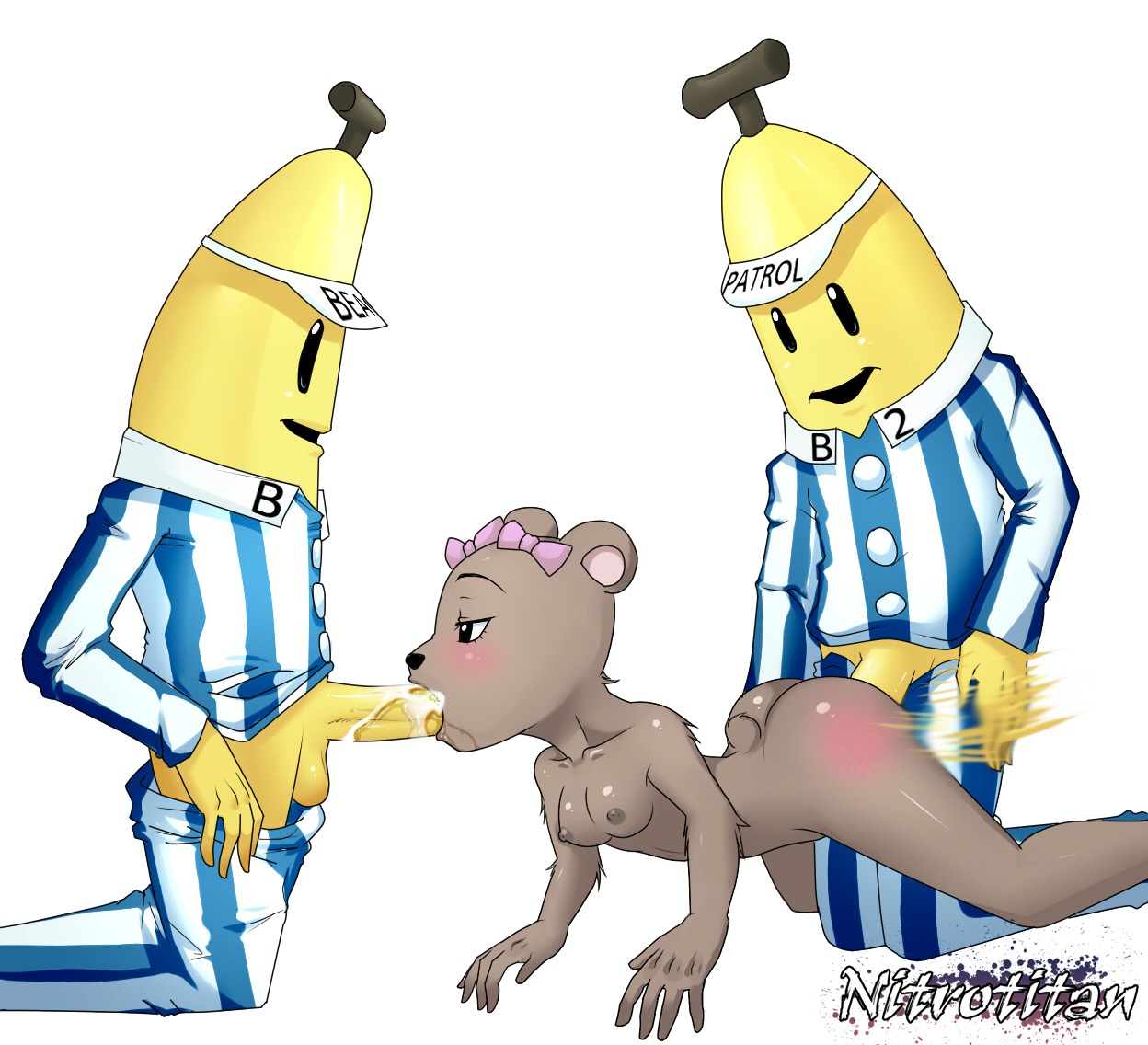 accessory ambiguous_penetration anthro b1_(bananas_in_pyjamas) b2_(bananas_in_pyjamas) balls banana bananas_in_pyjamas bear blush bodily_fluids bow_(feature) bow_accessory bow_ribbon breasts butt butt_slap cum cum_in_mouth cum_inside double_penetration e621 elemental_creature erection fellatio female flora_fauna food food_creature fruit genital_fluids genitals group group_sex hair_accessory hair_bow hair_ribbon living_fruit lulu_(bananas_in_pyjamas) male male/female mammal modeseven nipples non-mammal_balls nude oral oral_penetration penetration penile penis plant reddened_butt ribbons sex simple_background slap spanking spitroast threesome trio what white_background