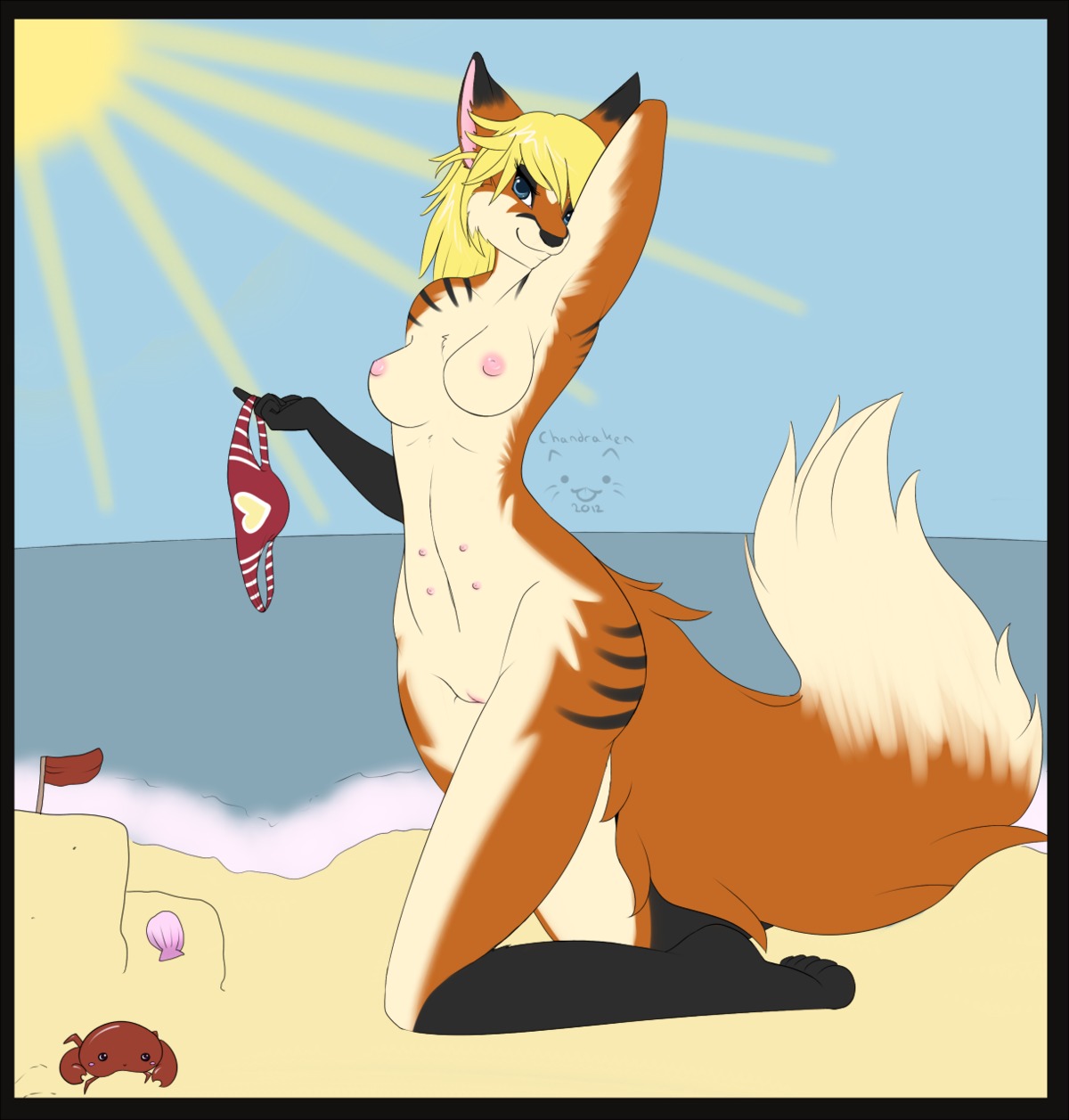 2012 ambient_arthropod ambient_crab ambient_crustacean ambient_sealife anthro beach blonde_hair blue_eyes breasts canid canine chandraken dipstick_tail e621 female fox genitals hair heart_symbol hi_res looking_at_viewer mammal markings multi_nipple nipples nude outside seaside sky solo stripes tail tail_markings vulva