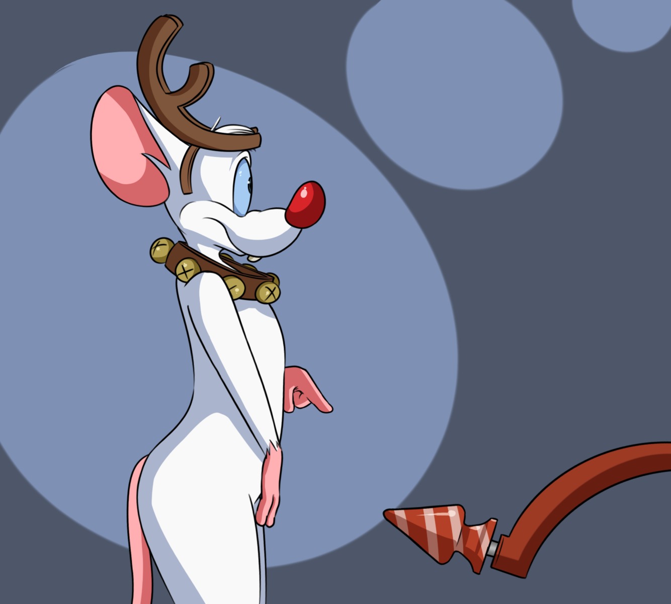 animaniacs anthro antlers bell biped blue_background blue_eyes buckteeth butt buttplug christmas collar e621 fake_antlers fake_horns fur gesture hand_gesture headgear hi_res holidays horn house_mouse imminent_sex male mammal mouse murid murine nude pinky_(warner_brothers) pinky_and_the_brain plug_(sex_toy) pointing raised_arm red_nose rodent rotten_robbie sex_toy simple_background solo standing teeth warner_brothers white_body white_fur