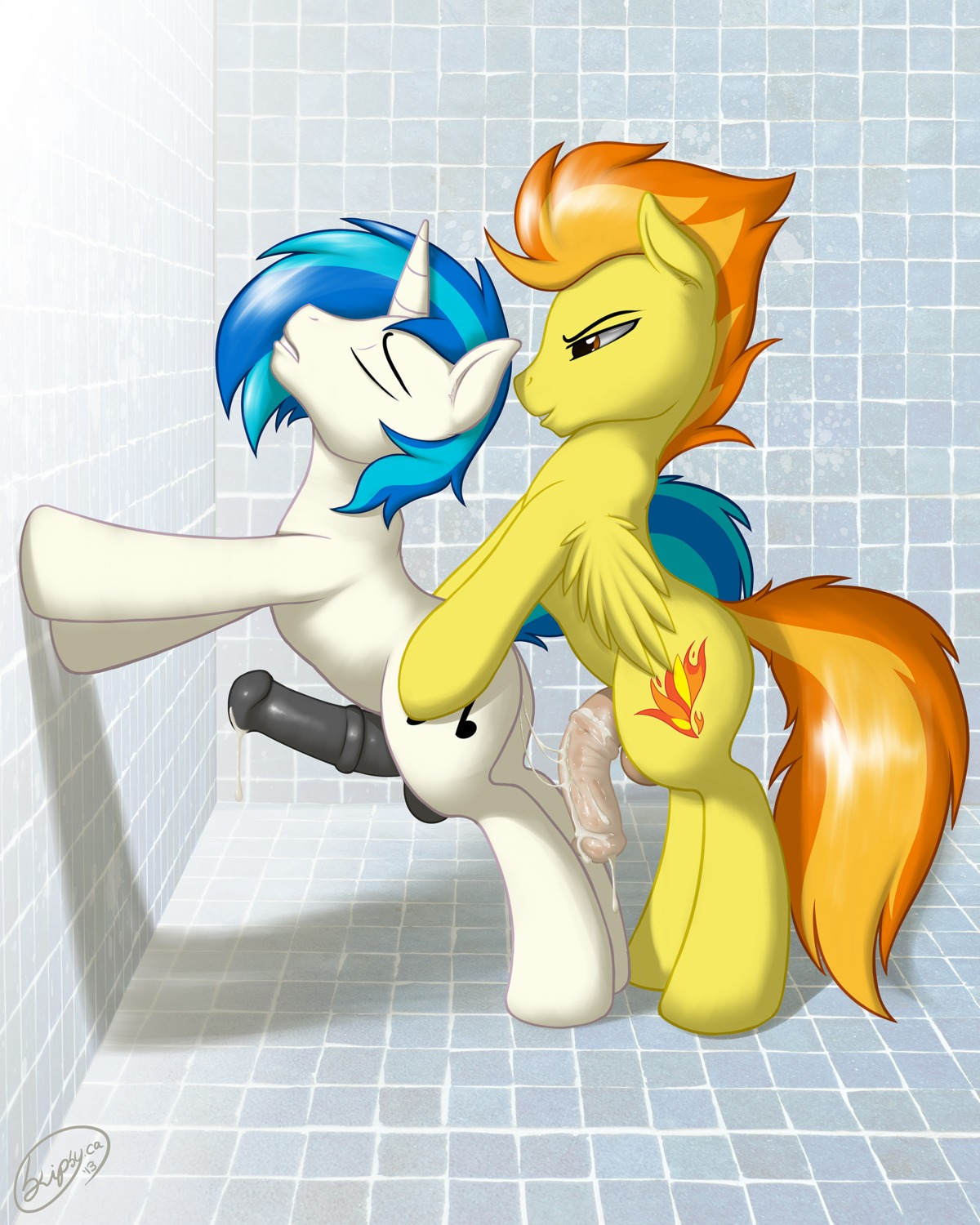 2013 4:5 absurd_res after_sex against_surface against_wall amber_eyes anal animal_genitalia animal_penis balls black_penis bodily_fluids crossgender cum cum_in_ass cum_inside cum_string cutie_mark duo e621 equid equine equine_genitalia equine_penis erection eyes_closed feathered_wings feathers feral feral_on_feral friendship_is_magic ftm_crossgender fur genital_fluids genitals hair hasbro hi_res horn inside male male/male male_penetrated male_penetrating male_penetrating_male mammal multicolored_hair my_little_pony mythological_creature mythological_equine mythology nude pegasus penetration penis sex shaded shadow shower signature skipsy spitfire_(mlp) standing tail two_tone_hair unicorn vinyl_scratch_(mlp) white_body white_fur wings wonderbolts_(mlp) yellow_body yellow_feathers yellow_fur