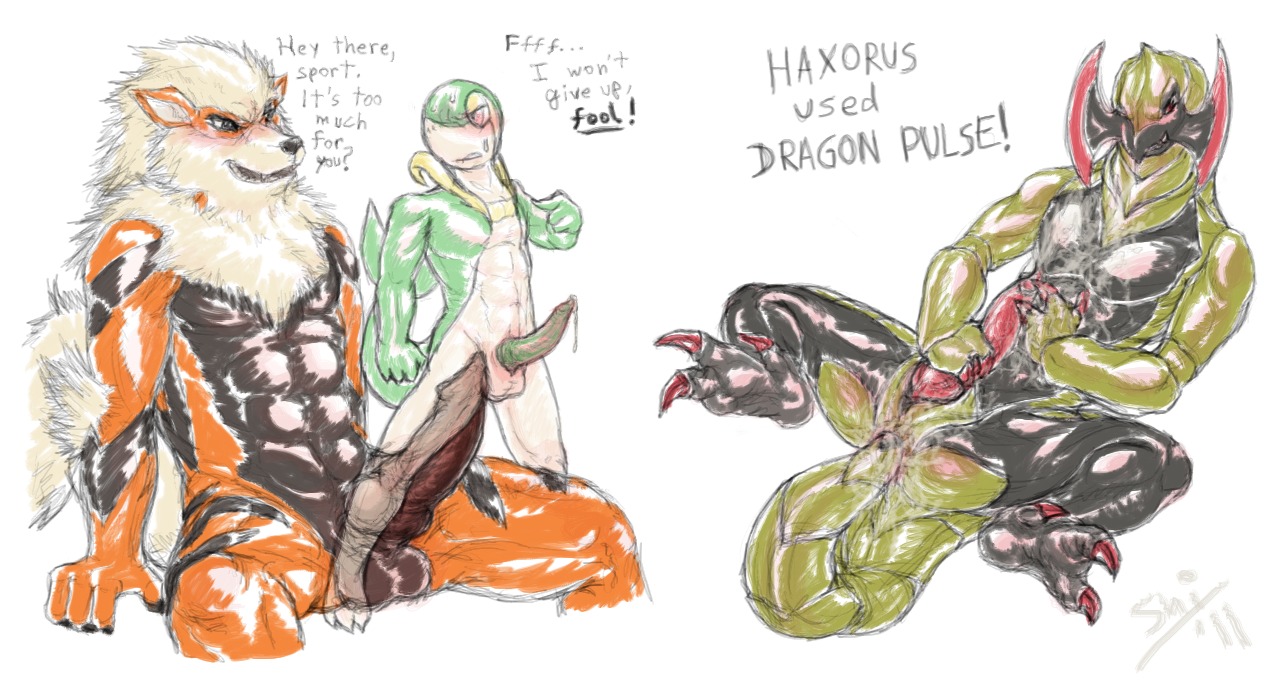 abs anthro arcanine color cum english_text fur furry handjob haxorus insertion male male_only masturbation multiple_males nude penis pokemon pokemon_(species) rule34 sex sitting size_difference snivy tagme tail text yaoi