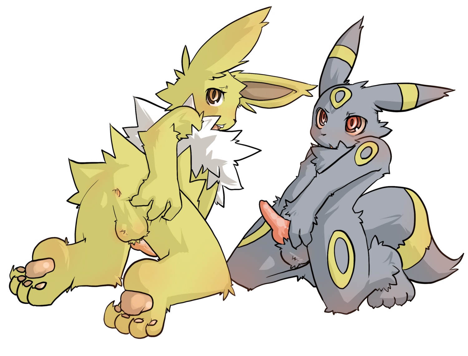 animal_genitalia anthro anus backsack balls butt duo e621 eeveelution erection generation_1_pokemon generation_2_pokemon genitals hi_res jolteon kneeling knot kosian looking_at_viewer male male/male nintendo open_mouth orange_eyes penis pokemon pokemon_(species) presenting red_eyes tail umbreon