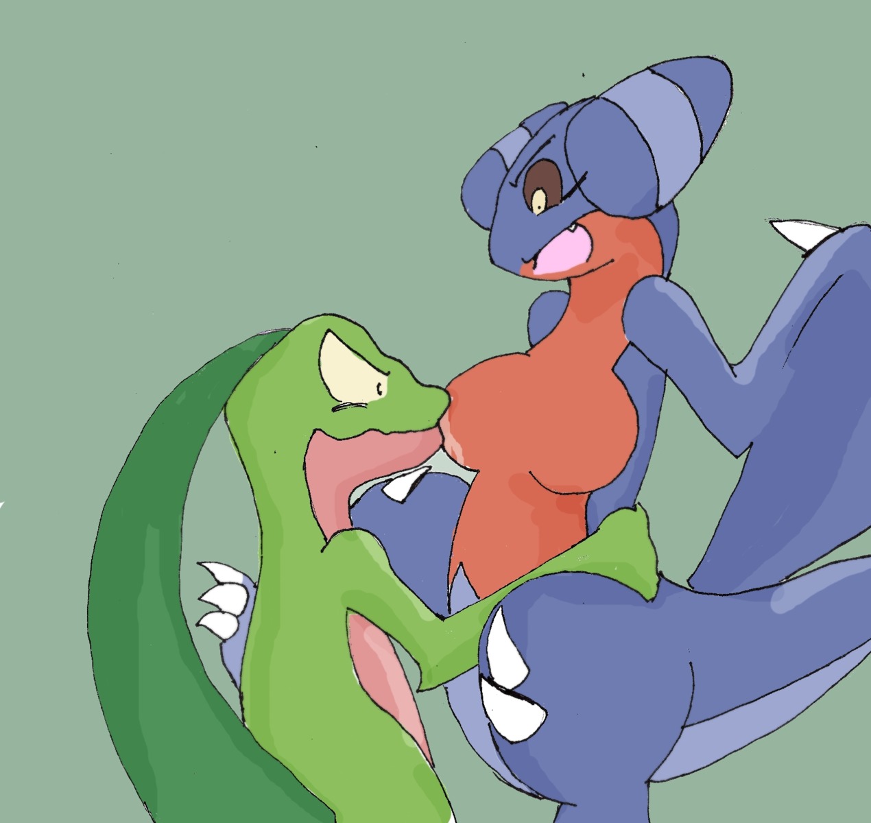 ambiguous_gender breast_sucking breasts female gabite grovyle non-mammal_breasts pokemon pokemon_dppt pokemon_rse reptile rule34 simple_background tagme