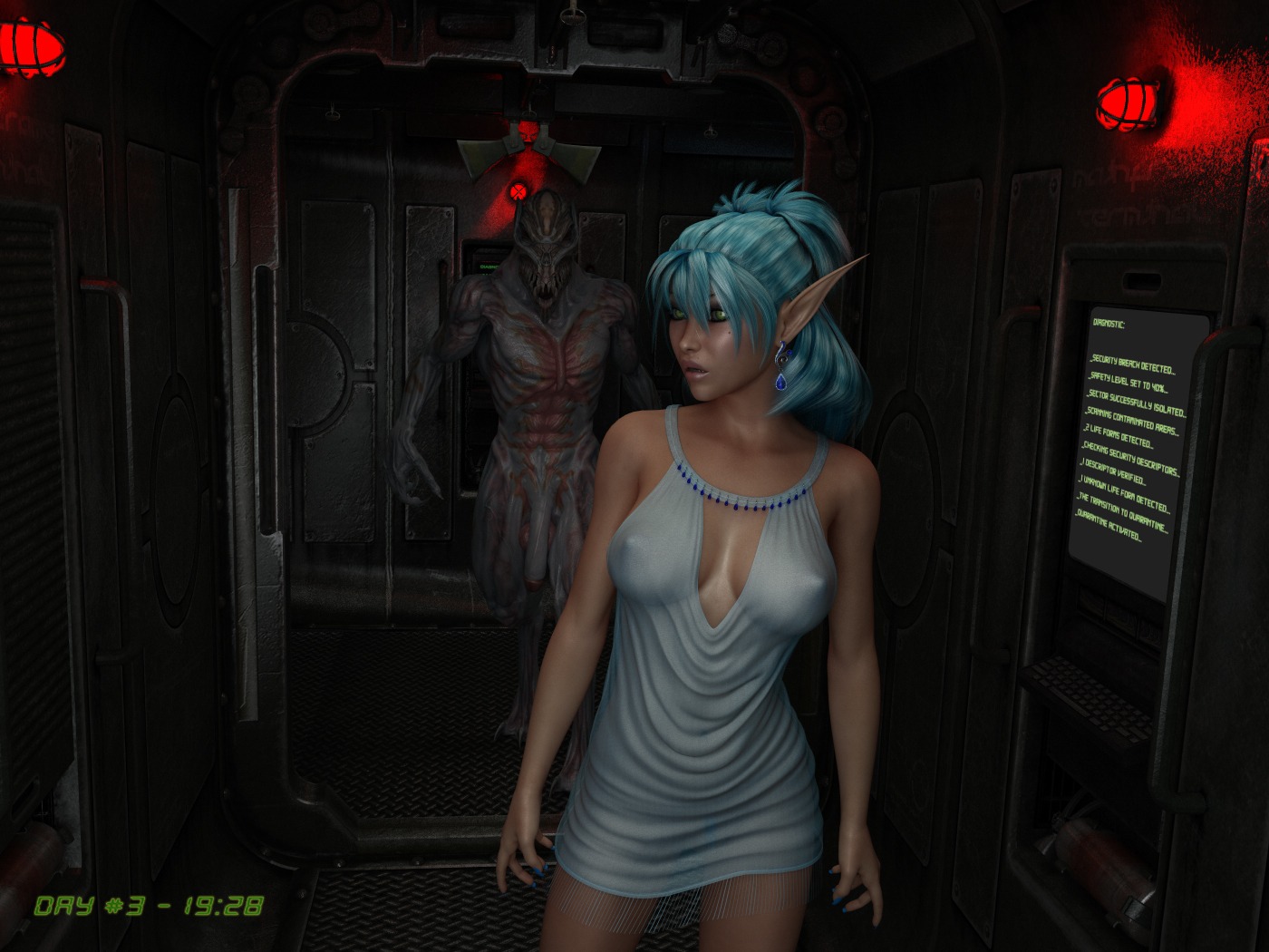 3d_(artwork) 4:3 clothed clothing digital_media_(artwork) duo e621 ear_piercing elf female flaccid genitals havoc_(demon) hitman_x3z humanoid humanoid_genitalia humanoid_penis male male/female monster muscular nude penis piercing pubes