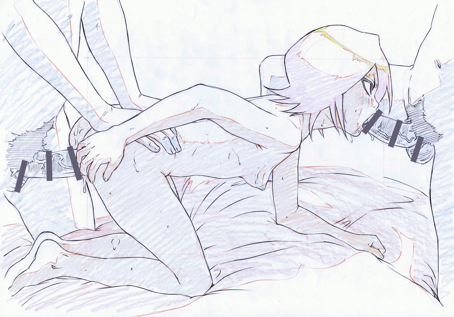 1girls 2boys bleach censor_bar censored female hayashibara_hikari kuchiki_rukia male monochrome multiple_boys multiple_males partial_male penis rule34 sex sketch tagme