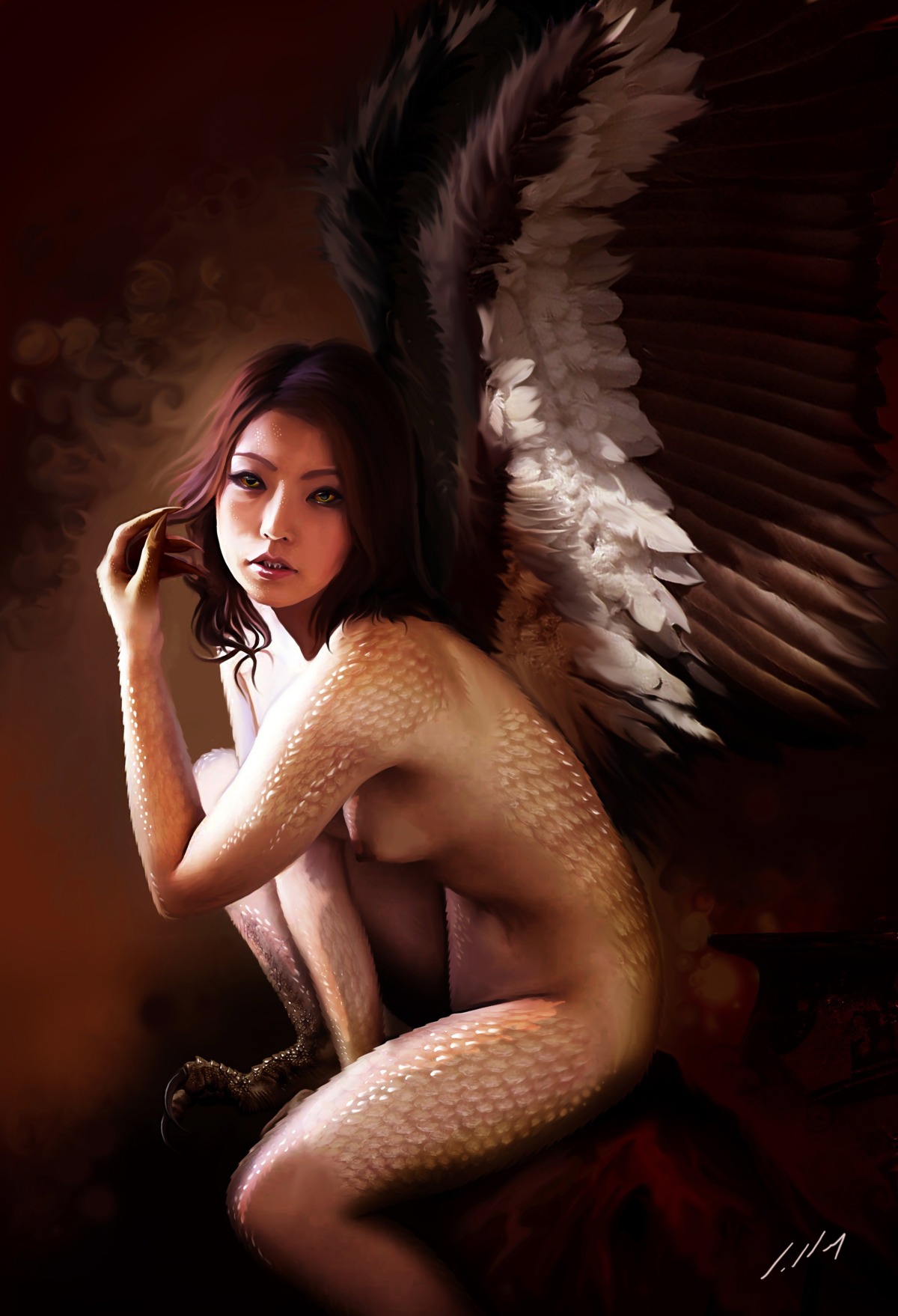 axlsalles feathers female greek_mythology harpy monster_girl mythology painting_(artwork) realistic rule34 sitting solo tagme wings