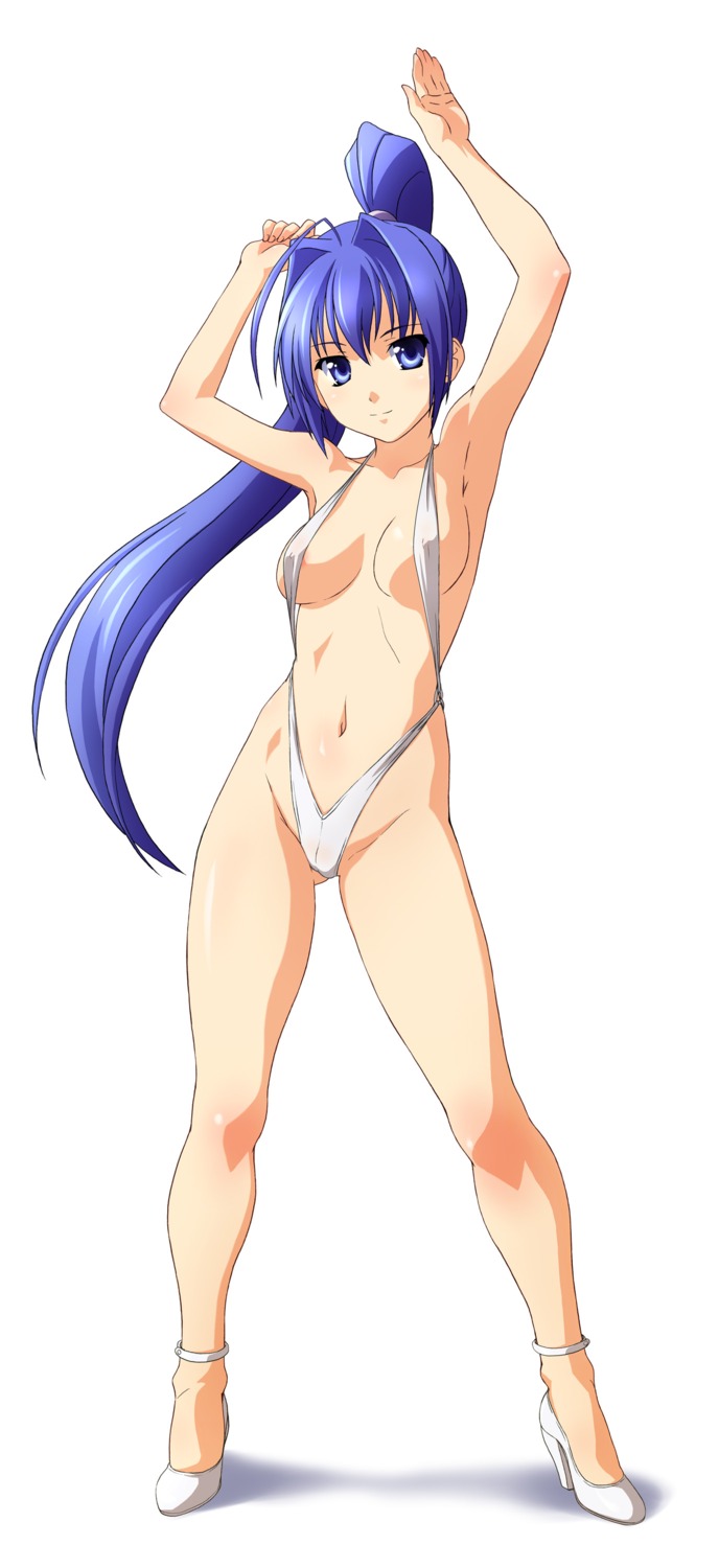armpits arms_up bikini blue_eyes blue_hair breasts female hayase_mitsuki high_heels highres kimi_ga_nozomu_eien mitsuki_hayase nipple_slip nipples norizou_type-r pretzel_bikini rule34 shoes sling_bikini swimsuit