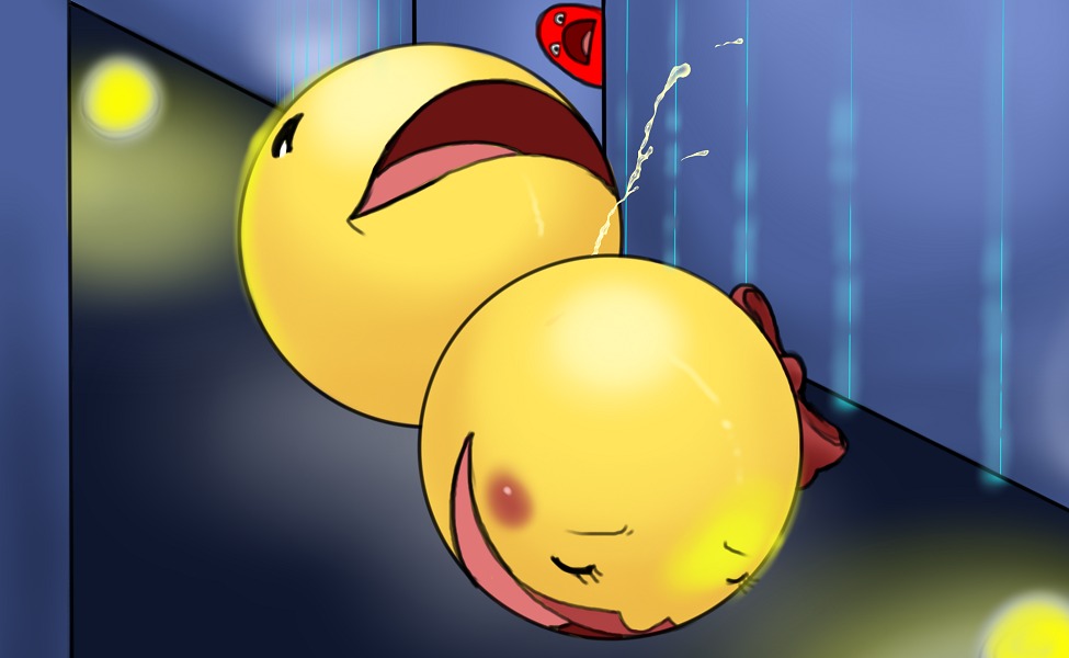 blinky_(pac-man) blush bow closed_eyes cum cum_shot female ghost lipstick ms._pac-man namco pac-man pac-man_(series) recklessarts rule34 surprised