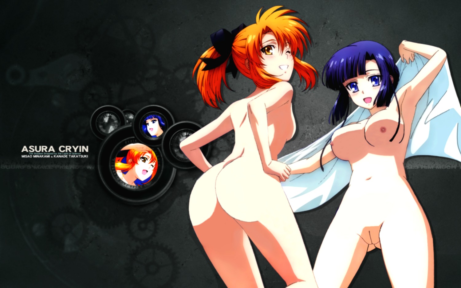 asura_cryin' bow breasts female large_breasts minakami_misao nipples nude pussy rule34 small_breasts takatsuki_kanade towel