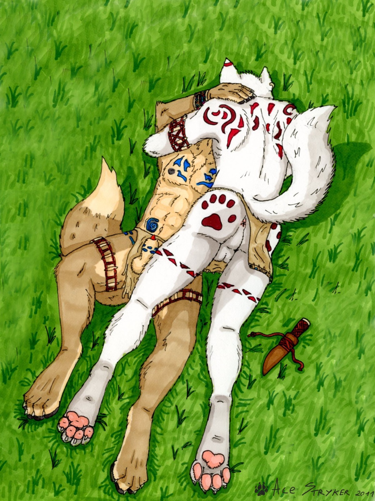 2011 ace_stryker animal_genitalia anthro anus backsack balls barefoot black_nipples bodypaint bottomwear bottomwear_aside brown_body brown_fur butt canid canine canis clothed clothing clothing_aside duo e621 ear_piercing feet fluffy fluffy_tail fur genitals grass hi_res hug ineffective_clothing ineffective_loincloth kissing knife loincloth loincloth_aside lying male male/male mammal nipples on_back outside pawpads paws penis penis_tip piercing pink_pawpads plant red_penis sheath signature tail tribal white_body white_fur wolf