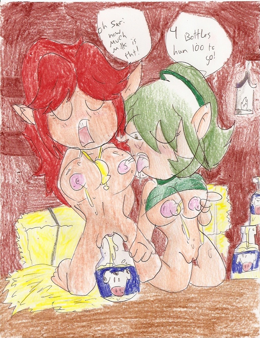 2girls clothing female female_only green_eyes green_hair hairband kokiri lactation long_hair malon milk multiple_females multiple_girls nintendo ocarina_of_time perverted_bunny pointy_ears red_hair rule34 saria short_hair sketch straight_hair the_legend_of_zelda yuri