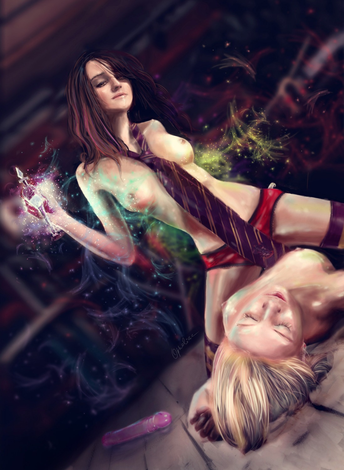 2girls blonde_hair breasts brown_hair closed_eyes cowgirl_position dildo emma_watson evanna_lynch female female_only floor girl_on_bottom gryffindor harry_potter hermione_granger hogwarts hourglass_figure lesbian luna_lovegood magic medium_breasts mist multiple_females multiple_girls nipples panties potion ravenclaw rule34 stockings tie witch_(harry_potter) yuri
