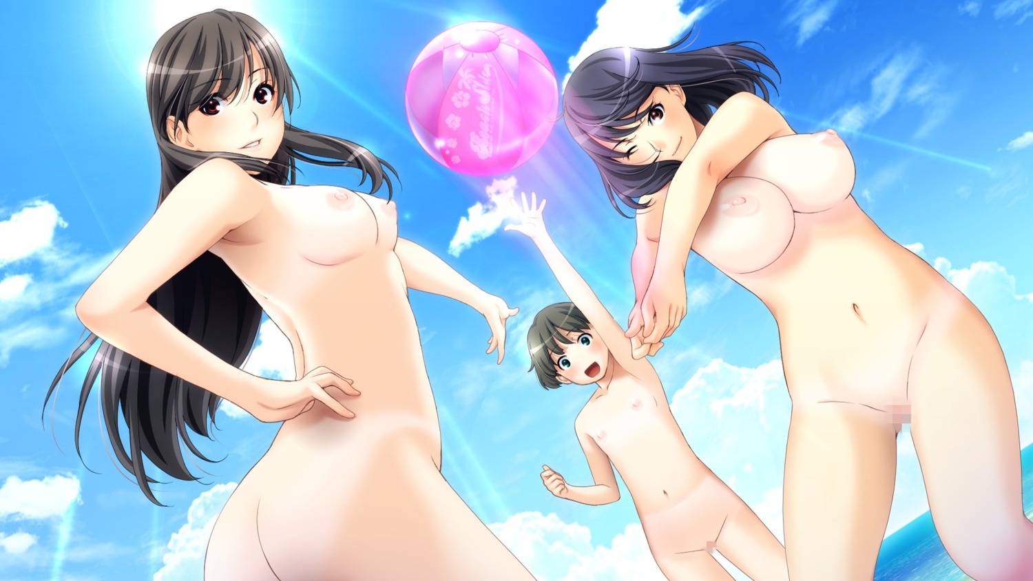 3girls ball_(object) beach_ball bikini breasts censored cloud clouds female female_only highres human large_breasts long_hair multiple_females navel nipples nude nudist outdoors rule34 short_hair sister_scheme_2 sky sunlight swimsuit water wink yanagawa_amane yanagawa_shiori zenra