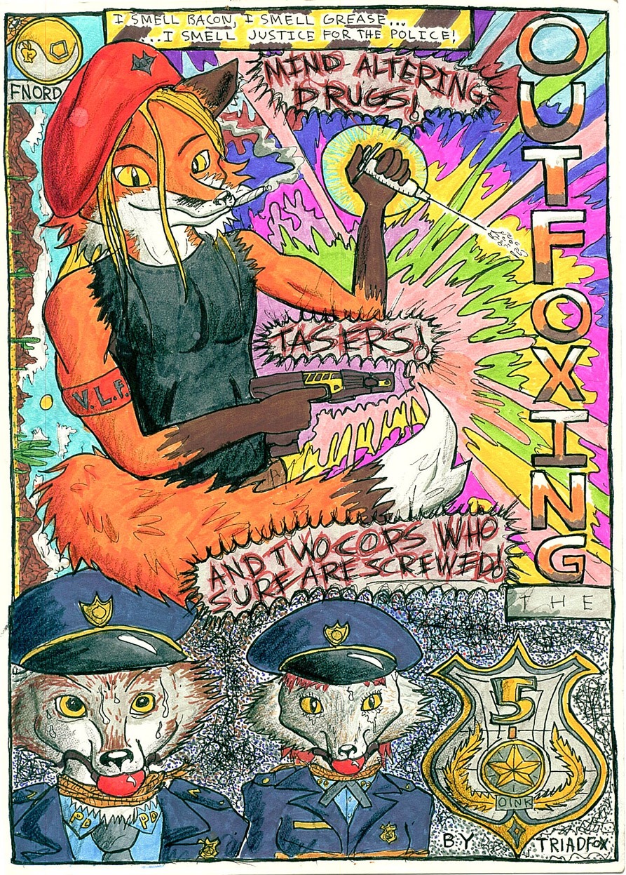 2010 anthro ball_gag beret canid canine canis clothed clothing comic cover cover_art cover_page dipstick_tail drugs e621 fox fur gag gagged group gun hat headgear headwear hi_res male mammal marker_(artwork) markings pen_(artwork) police police_badge police_hat police_officer psychedelic ranged_weapon syringe tail tail_markings traditional_media_(artwork) triadfox weapon wolf