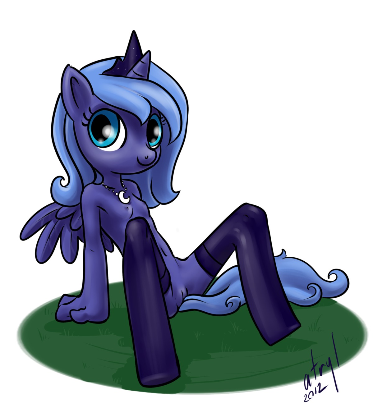 2012 anthro anthrofied atryl blue_body blue_eyes blue_feathers blue_hair breasts clothing crown digital_media_(artwork) e621 equid equine feathered_wings feathers female friendship_is_magic genitals hair hasbro headgear hi_res horn jewelry legwear looking_at_viewer mammal my_little_pony mythological_creature mythological_equine mythology necklace princess_luna_(mlp) small_breasts solo stockings tail vulva winged_unicorn wings