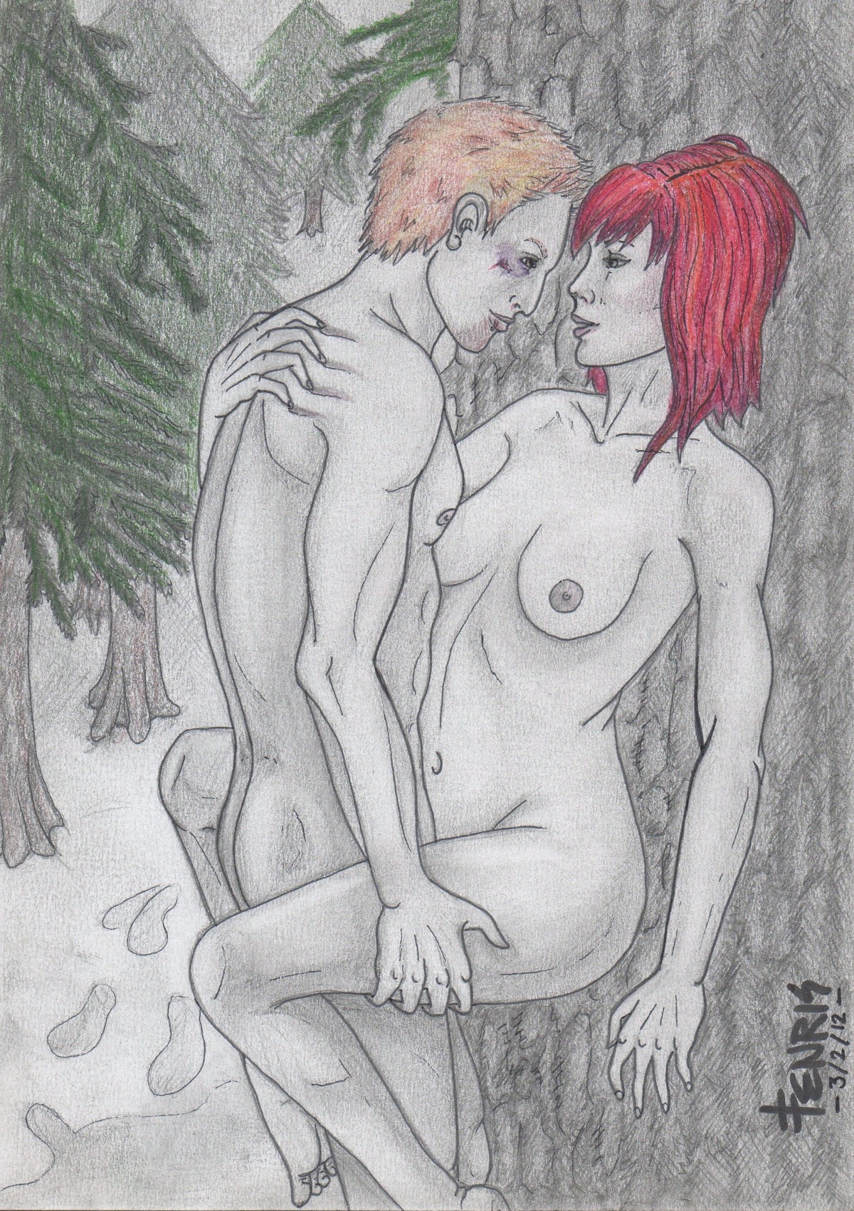 1boy 1girls 2012 2d alistair_theirin areolae blonde_hair breasts dragon_age dragon_age_origins eye_contact female fenrisdesolar forest grey_warden male male/female monochrome nipples nude nude_female nude_male outdoor_sex outdoors red_hair rule34 sex sketch tagme tree