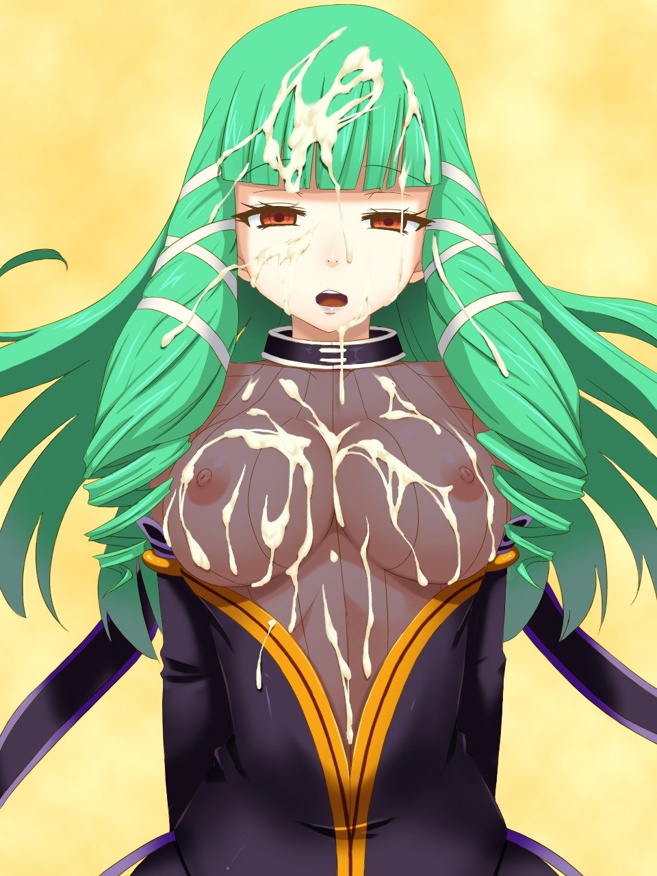 breasts cum cum_on_breasts cum_on_face emeraude_(tales_of_graces) facial female green_hair hachiyou highres hou_(hachiyou) large_breasts nipples nipples_visible_through_clothing rule34 sole soles tales_of_(series) tales_of_graces