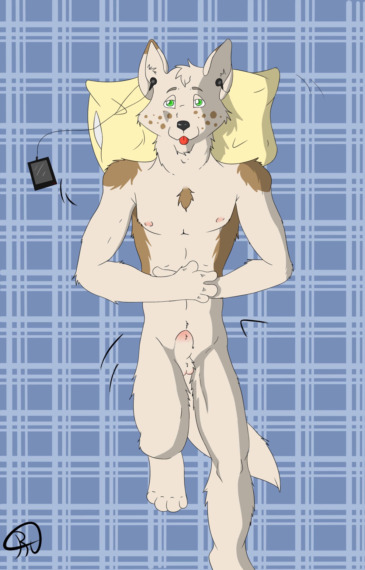 absurd_res animal_genitalia anthro balls biped contradictionwolf e621 fully_sheathed fur genitals half-closed_eyes hi_res looking_at_viewer lying male narrowed_eyes nude on_back sheath solo tail tongue