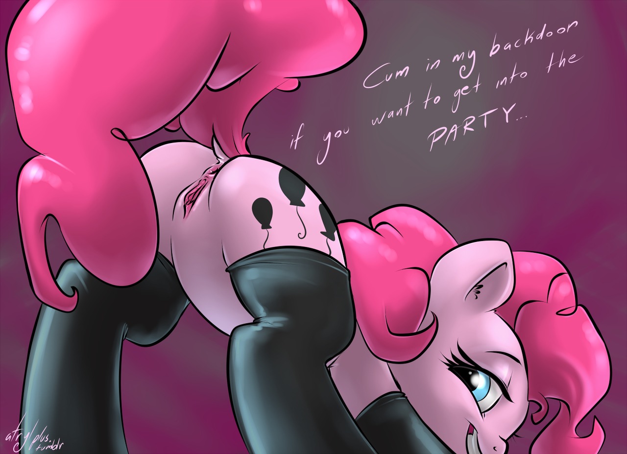 all_fours anus ass_up atryl blue_eyes butt clothing cutie_mark digital_media_(artwork) e621 earth_pony english_text equid equine female feral friendship_is_magic genitals gloves hair handwear hasbro horse latex legwear looking_at_viewer looking_back mammal my_little_pony nude pink_body pink_hair pink_theme pinkie_pie_(mlp) pony presenting presenting_hindquarters raised_tail simple_background smile solo tail text vulva