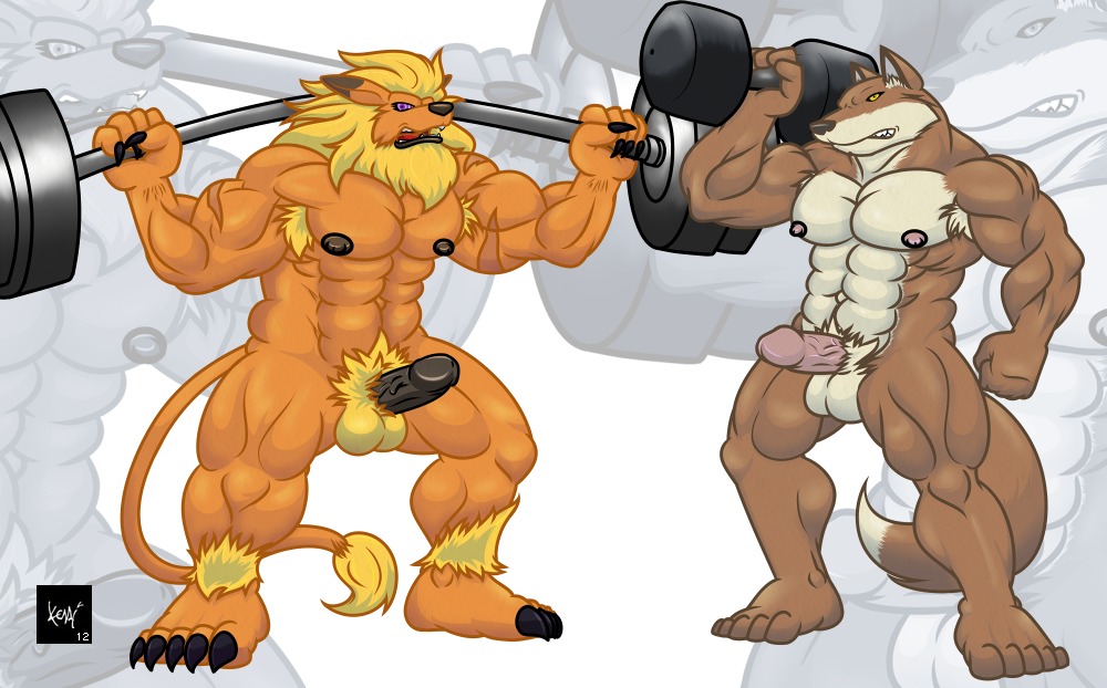 2012 abs animal_genitalia anthro armpit_hair balls bandai_namco biceps big_muscles big_penis black_penis bleach_(series) body_hair brown_body brown_fur canid canine canis crossover digimon digimon_(species) duo e621 erection exercise felid flexing fur genitals holding_object humanoid_genitalia humanoid_penis kenailykos leomon male mammal muscular muscular_male nipples nude nude_workout pecs penis presenting sajin_komamura sheath standing tail tail_tuft tuft vein weightlifting weights wolf workout