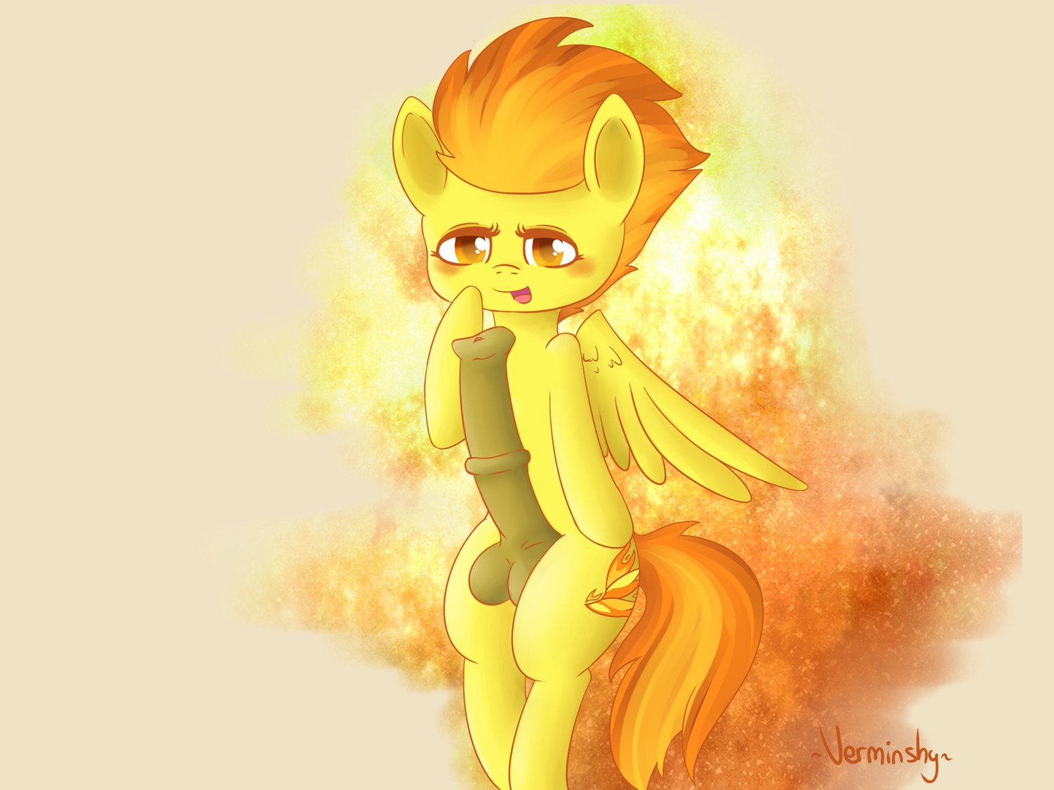 2014 4:3 amber_eyes animal_genitalia animal_penis balls cutie_mark e621 equid equine equine_genitalia equine_penis erection feathered_wings feathers feral friendship_is_magic fur genitals gynomorph hair hasbro hi_res intersex looking_at_viewer mammal multicolored_hair my_little_pony mythological_creature mythological_equine mythology nude pegasus penis simple_background solo spitfire_(mlp) two_tone_hair verminshy wings wonderbolts_(mlp) yellow_body yellow_feathers yellow_fur