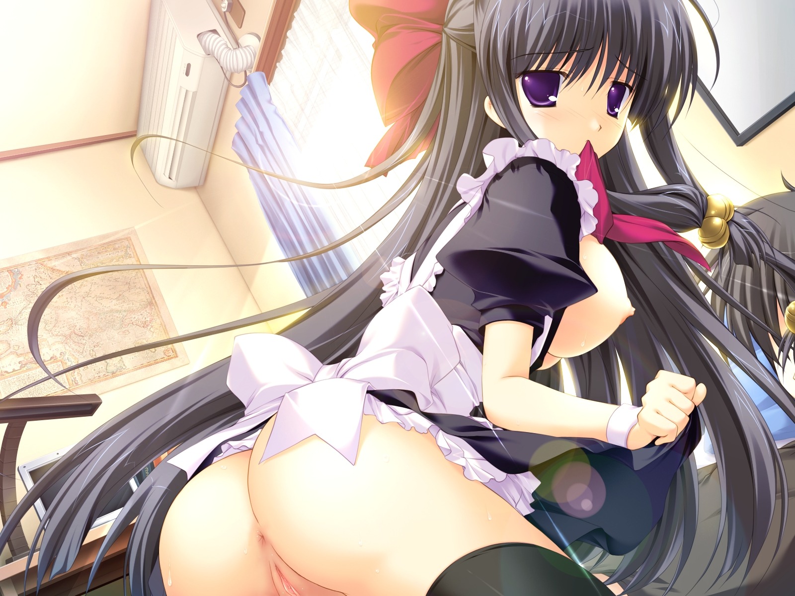 anus ass black_hair black_legwear black_thighhighs blush breasts dutch_angle female from_behind game_cg highres long_hair looking_back lyrical_ds maid mikeou miraroma mouth_hold nipples purple_eyes pussy rule34 skirt skirt_lift solo thighhighs tsukimiya_kaede uncensored vagina
