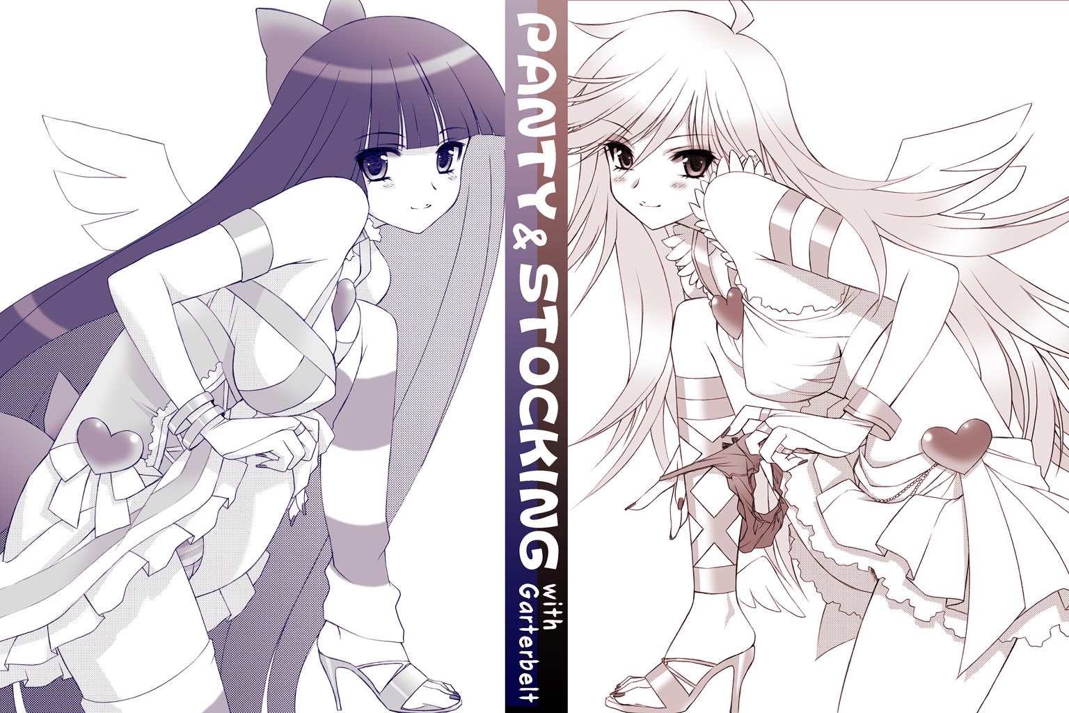 2girls angel blush female female_only gainax looking_at_viewer monochrome multiple_females multiple_girls panties panty_&amp;_stocking_with_garterbelt panty_anarchy rule34 smile stocking_anarchy straight_hair toes underwear wings