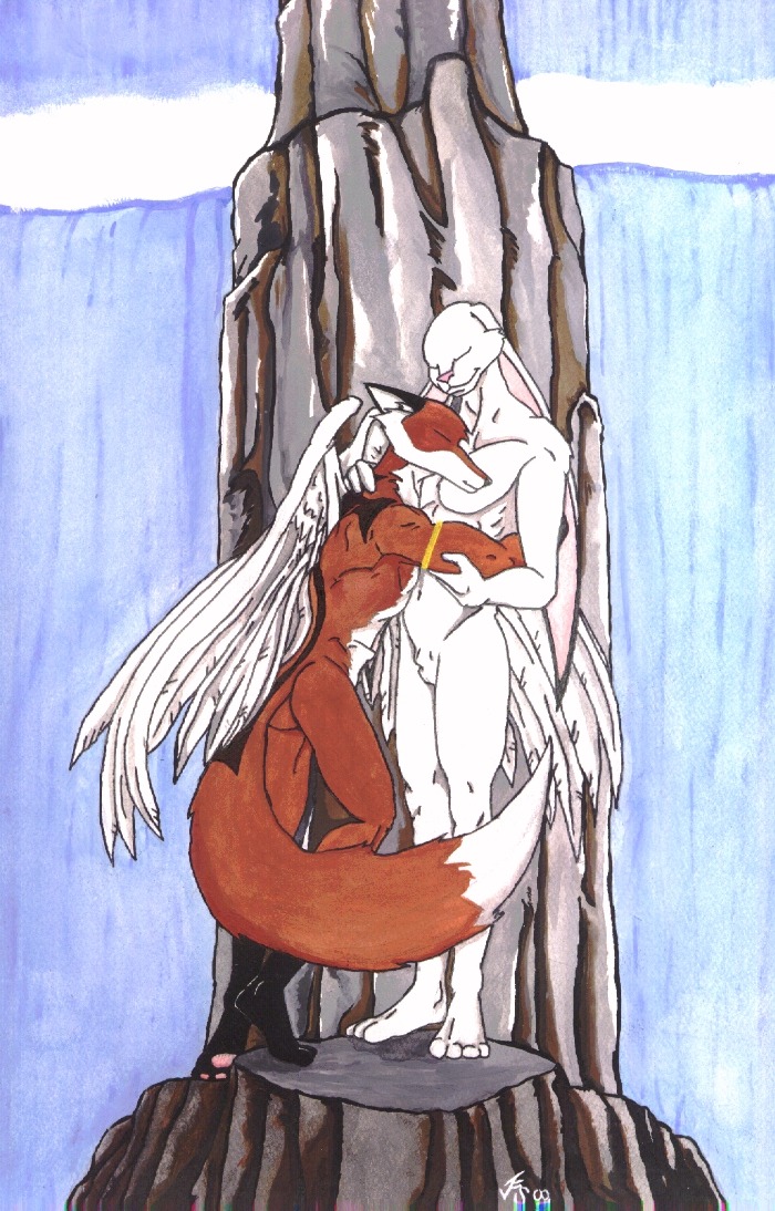 4_toes animal_genitalia anthro armlet black_body black_fur brown_body brown_fur butt canid canine day dipstick_tail duo e621 eyes_closed feathered_wings feathers feet fox foxmajik fully_sheathed fur genitals gloves_(marking) hug lagomorph leg_markings leporid long_ears male male/male mammal markings multicolored_tail nude outside pink_nose plantigrade rabbit sheath smile socks_(marking) standing tail tail_markings thumper_(character) toes unknown_artist water waterfall white_body white_feathers white_fur wings