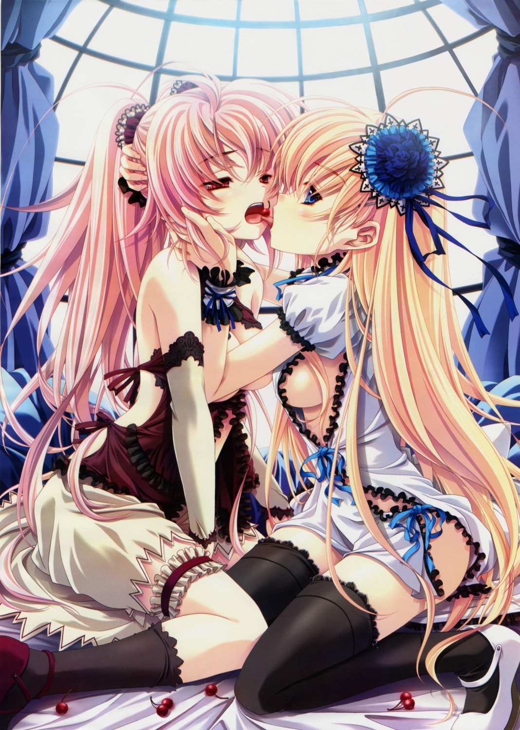 2girls black_thighhighs blonde_hair blue_eyes cherry detached_sleeves female garter_belt multiple_females multiple_girls pink_hair red_eyes rule34 skirt thighhighs tongue yuri