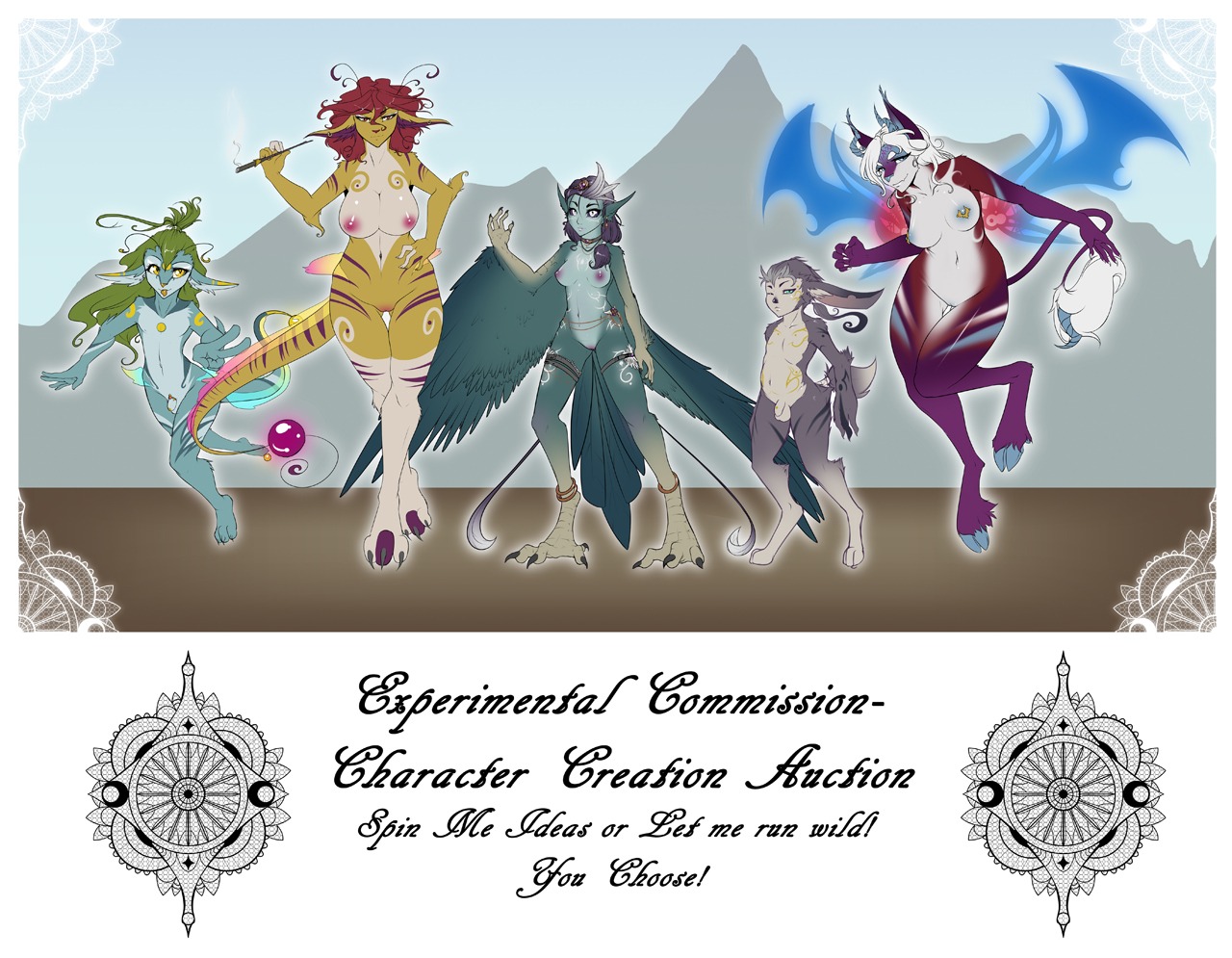 anthro breasts e621 english_text erunroe feathered_wings feathers female flaccid genitals group hybrid looking_at_viewer male membrane_(anatomy) membranous_wings nipples nude penis tail tail_tuft text tuft wings