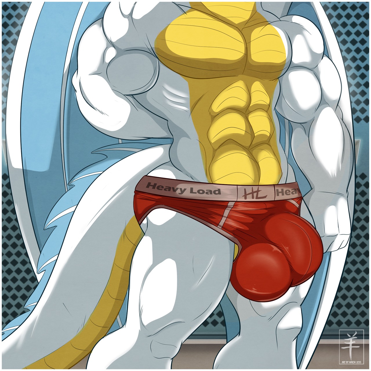 1:1 2013 aaron_(artist) abs anthro athletic biceps big_bulge big_muscles biped blue_body blue_skin border briefs bulge butt clothed clothing detailed_bulge digital_media_(artwork) dragon e621 english_text european_mythology fahleir fala_delamere genital_outline hi_res inside male manly membrane_(anatomy) membranous_wings muscular muscular_anthro mythological_creature mythological_scalie mythology pecs penis_outline pose raised_arm reptile scales scalie shadow solo standing tail text topless torso_shot underwear western_dragon white_body white_border white_skin wings yellow_body yellow_skin