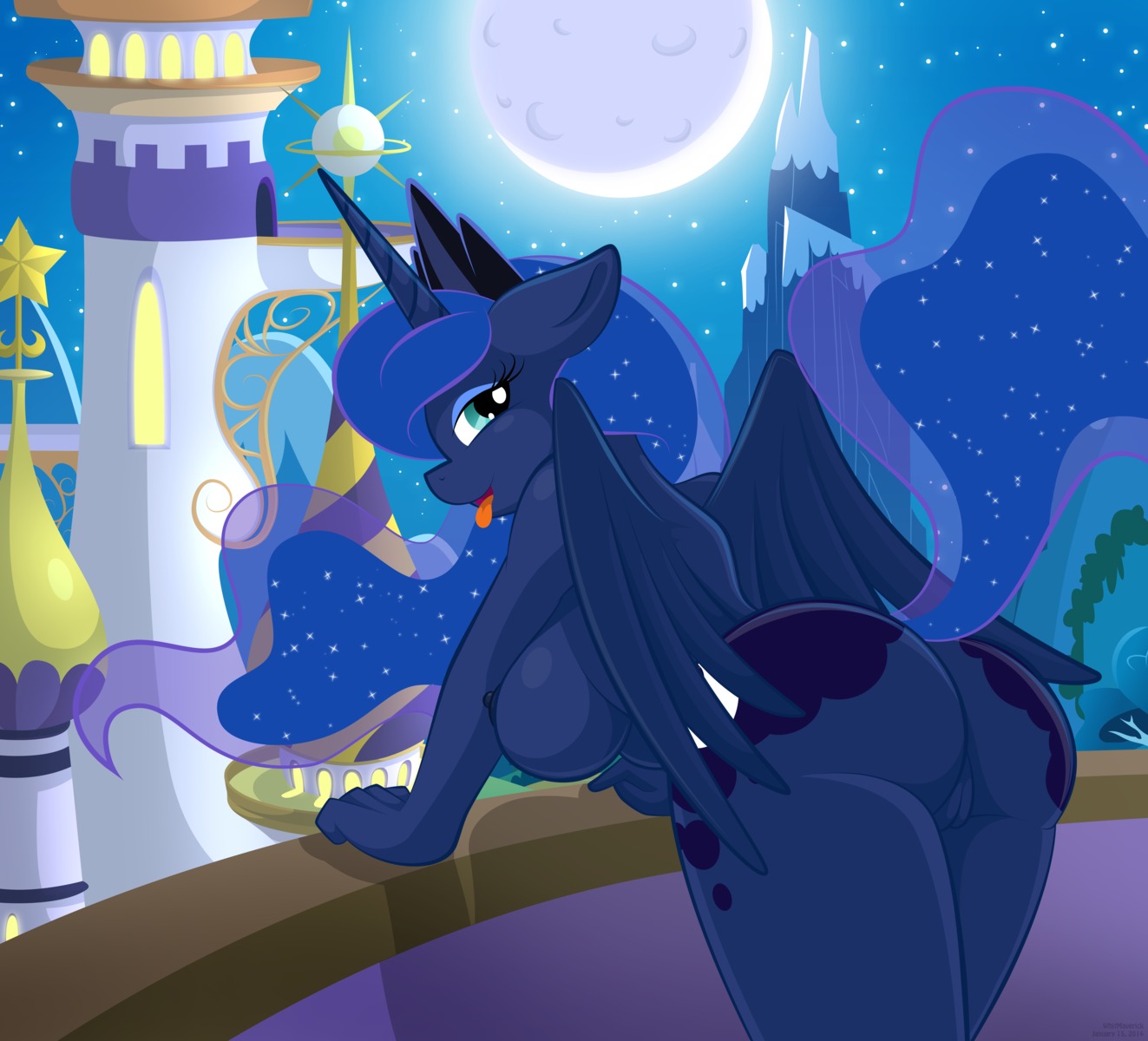 2014 absurd_res anthro anthrofied big_breasts big_butt biped blue_body blue_eyes blue_feathers blue_hair blue_nipples blue_skin breasts butt crown crown_only cutie_mark e621 equid equine feathered_wings feathers female friendship_is_magic genitals hair hasbro headgear headgear_only hi_res horn jewelry jewelry_only long_hair mammal moon my_little_pony mythological_creature mythological_equine mythology night nipples nude open_mouth outdoor_nudity outside presenting presenting_hindquarters princess_luna_(mlp) sky solo sparkles sparkling_hair standing star tongue tongue_out vulva whitmaverick winged_unicorn wings