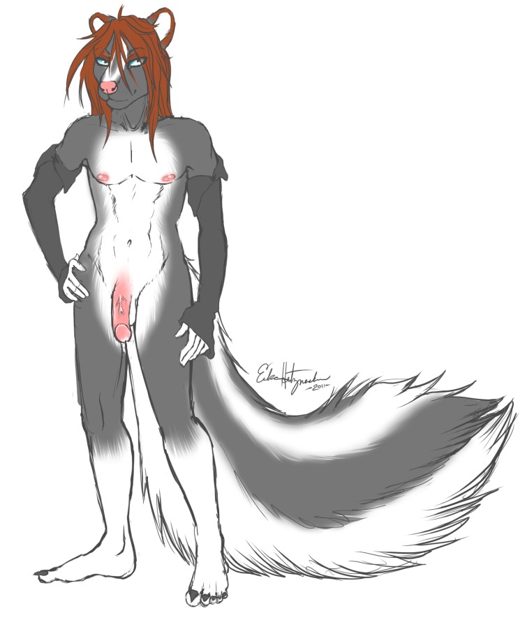 2011 anthro arm_warmers armwear biped circumcised clothing e621 femboy flaccid genitals humanoid_genitalia humanoid_penis kaioti looking_at_viewer male mammal mephitid navel nipples nude penis pinup pose simple_background skunk solo standing tail tokeli vein white_background