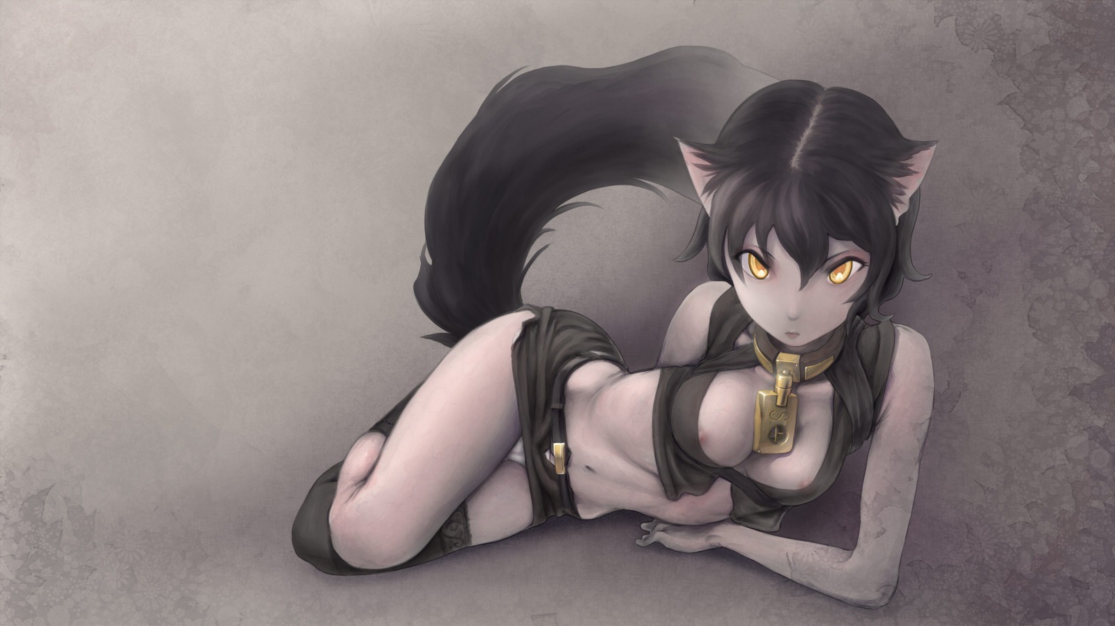 animal_humanoid black_hair bottomwear breasts cat_humanoid clothed clothing collar e621 felid felid_humanoid feline feline_humanoid female hair hi_res humanoid jewelry loose-loop-loomed lying mammal mammal_humanoid nipples skirt solo tail yellow_eyes