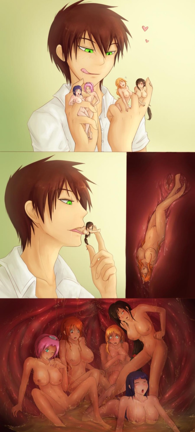 1boy 5girls brown_hair color crossover female final_fantasy final_fantasy_vii green_eyes human hyuuga_hinata long_hair male male_pred micro_female multiple_females multiple_girls nami_(one_piece) naruto naruto_(series) navel nipples nude one_piece orange_hair panels pink_hair post-timeskip purple_hair red_eyes rule34 sakura_haruno short_hair stomach swallowing themirth tifa_lockhart tongue vore what