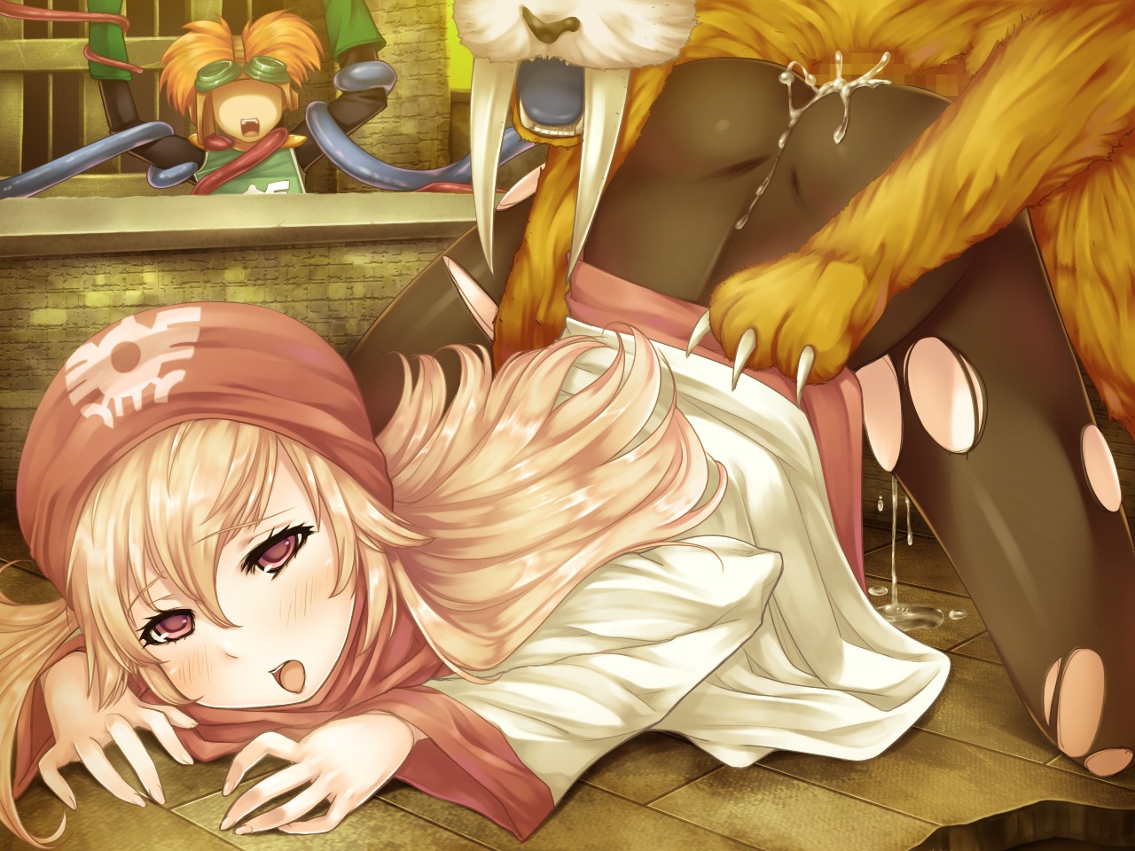 blush censored clothed_sex clothing cum dragon_quest dragon_quest_ii female i's_(circle) monster prince_of_samantoria princess_of_moonbrook rule34 saber-toothed_cat tagme zoophilia