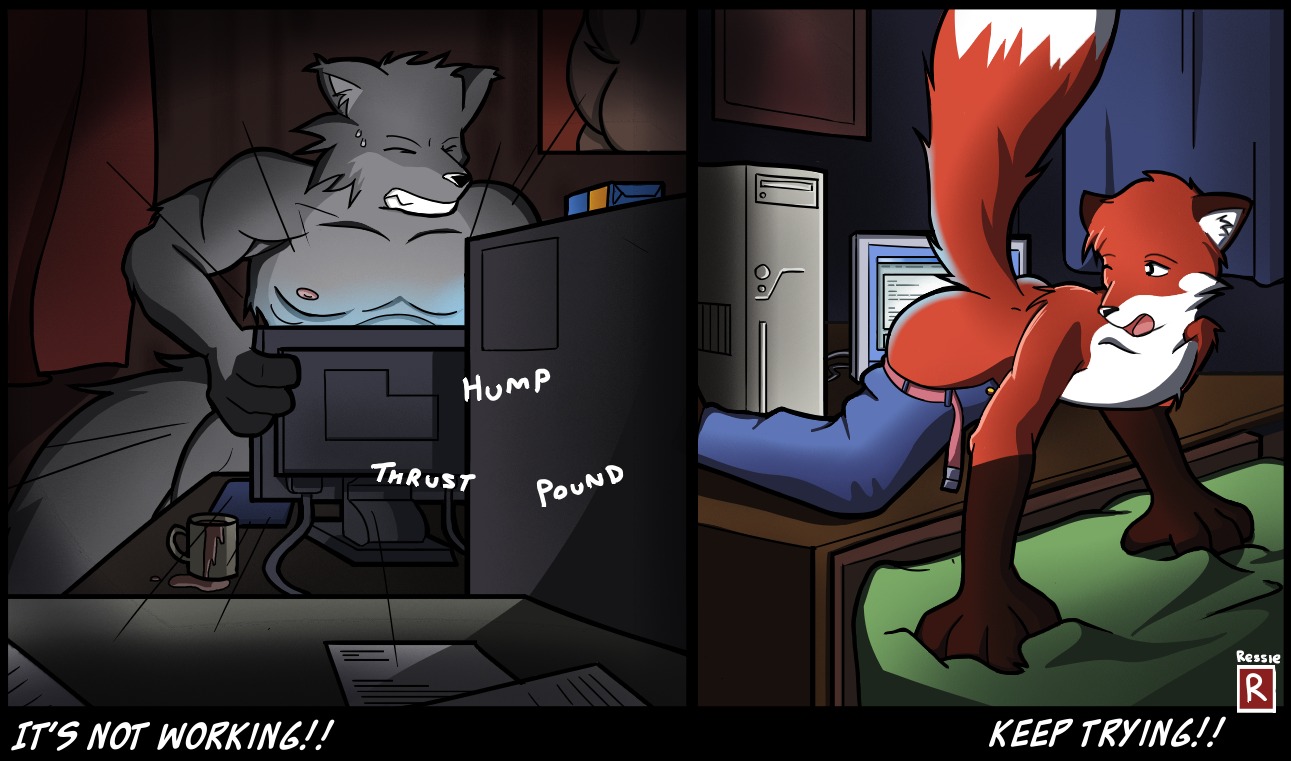 anal anthro bed bent_over beverage bottomwear bottomwear_down butt canid canine canis clothed clothing coffee computer cyber_sex dipstick_tail doing_it_wrong e621 electronics food fox furniture humor male mammal markings nude pants pants_down partially_clothed penetration ressie solo spill tail tail_markings topless wolf