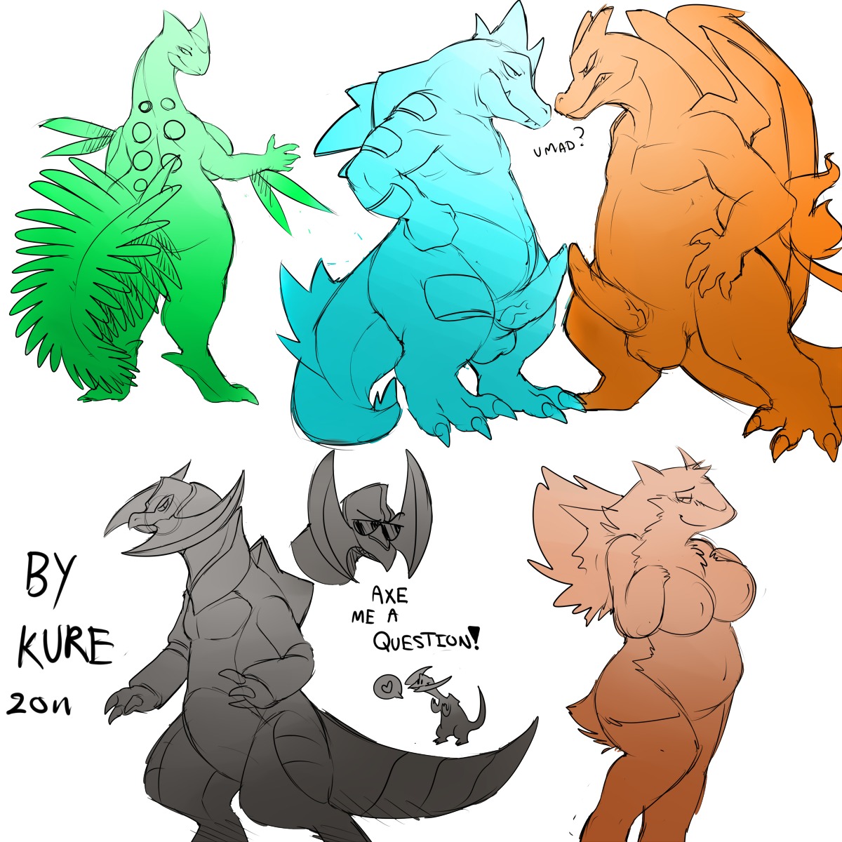 2011 anthro balls breasts charizard colored dragon female feraligatr haxorus kure male multiple_boys multiple_males nintendo penis penis_size_comparison pokemon pokemon_(species) rule34 scalie sceptile size_comparison sketch straight_hair sunglasses tail typhlosion