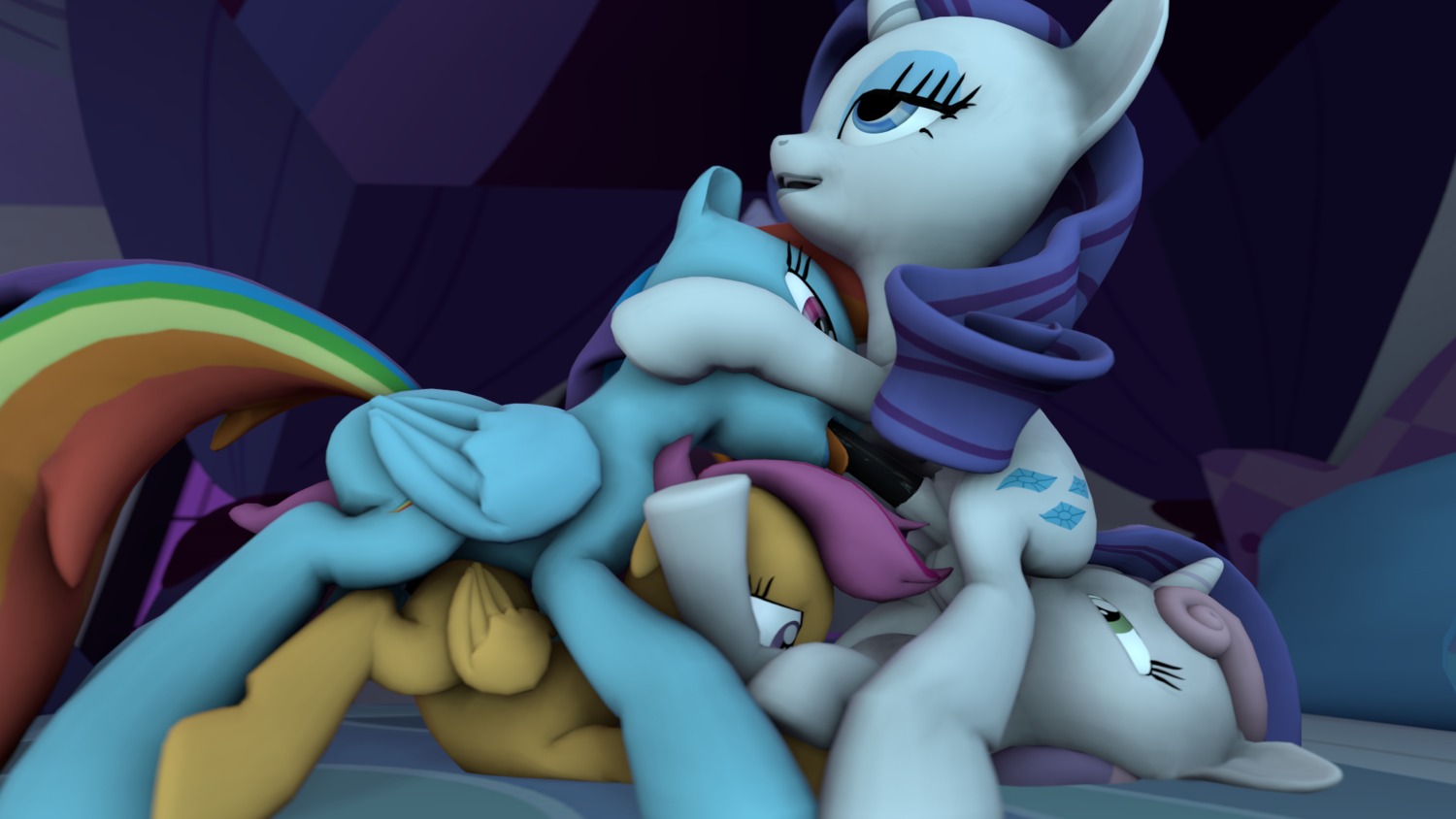 16:9 3d_(artwork) bed blue_body blue_feathers blue_fur child digital_media_(artwork) e621 equid equine erection feathered_wings feathers feral feral_on_feral forced friendship_is_magic from_behind_position fruitymilk fur furniture genitals group gynomorph hair hasbro hi_res horn incest_(lore) intersex mammal multicolored_hair multicolored_tail my_little_pony mythological_creature mythological_equine mythology pegasus penis rainbow_dash_(mlp) rainbow_hair rainbow_tail rape rarity_(mlp) scootaloo_(mlp) sex source_filmmaker_(artwork) sweetie_belle_(mlp) tail unicorn widescreen wings young young_feral