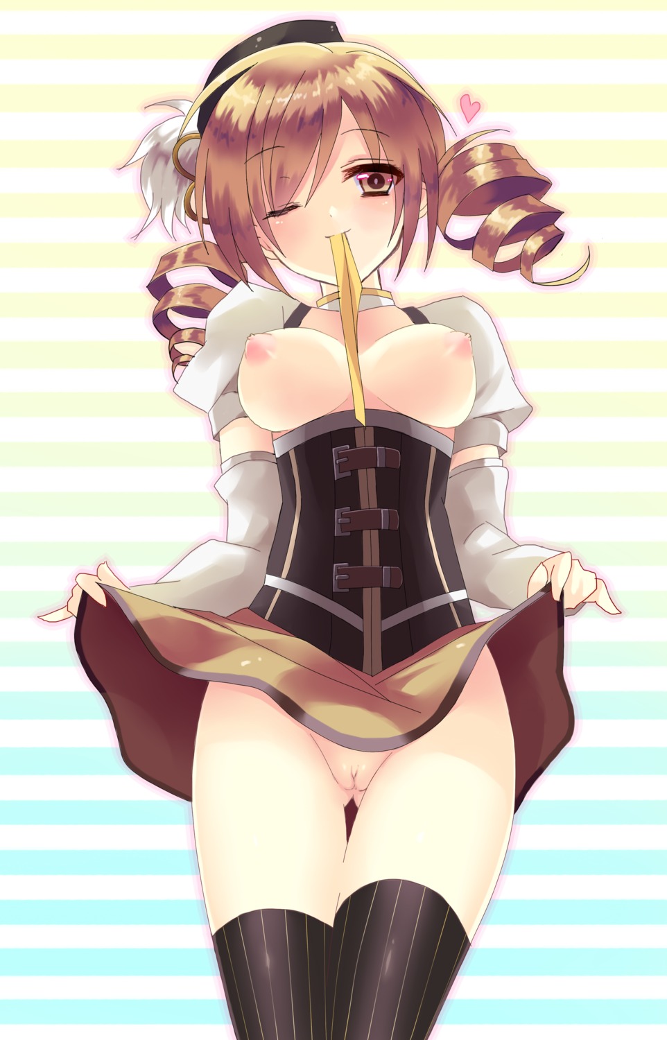 blonde_hair breasts drill_hair female heart high_resolution lyric mahou_shoujo_madoka_magica pussy rule34 skirt_lift thighhighs tomoe_mami wink