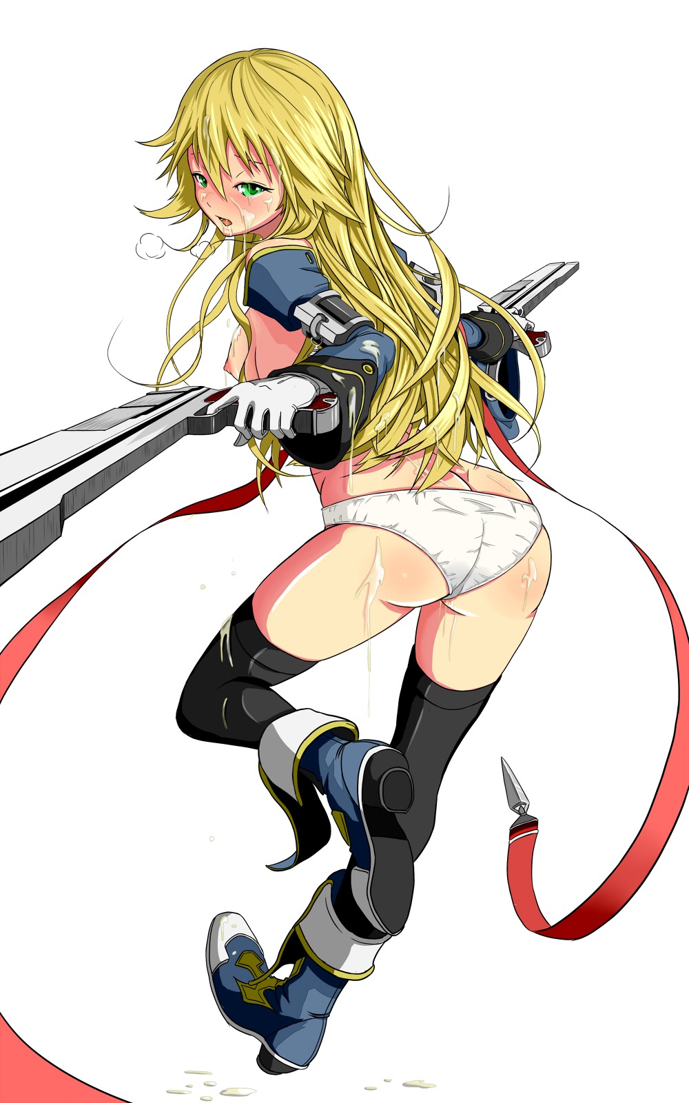 artist_request ass blazblue blonde_hair blush breathing bukkake cum cum_on_ass cum_on_body cum_on_chest cum_on_face cum_on_lower_body cum_on_upper_body detached_sleeves dual_wield dual_wielding embarrassed facial female girigiri green_eyes highres necktie noel_vermillion panties ribbon rule34 thighhighs tie underwear