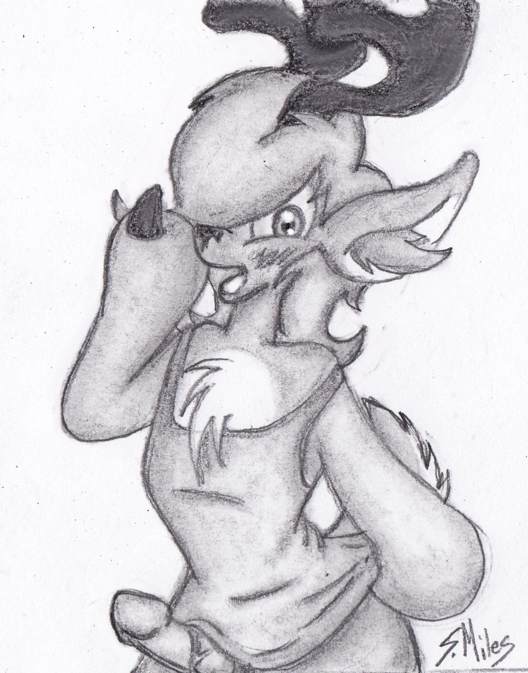 anthro antlers blush bottomless chest_tuft clothed clothing deer e621 erection fur genitals graphite_(artwork) greyscale hi_res horn looking_at_viewer male mammal mixed_media monochrome open_mouth pastel_(artwork) penis shirt signature smiles_(artist) solo tank_top toony topwear traditional_media_(artwork) tuft vein