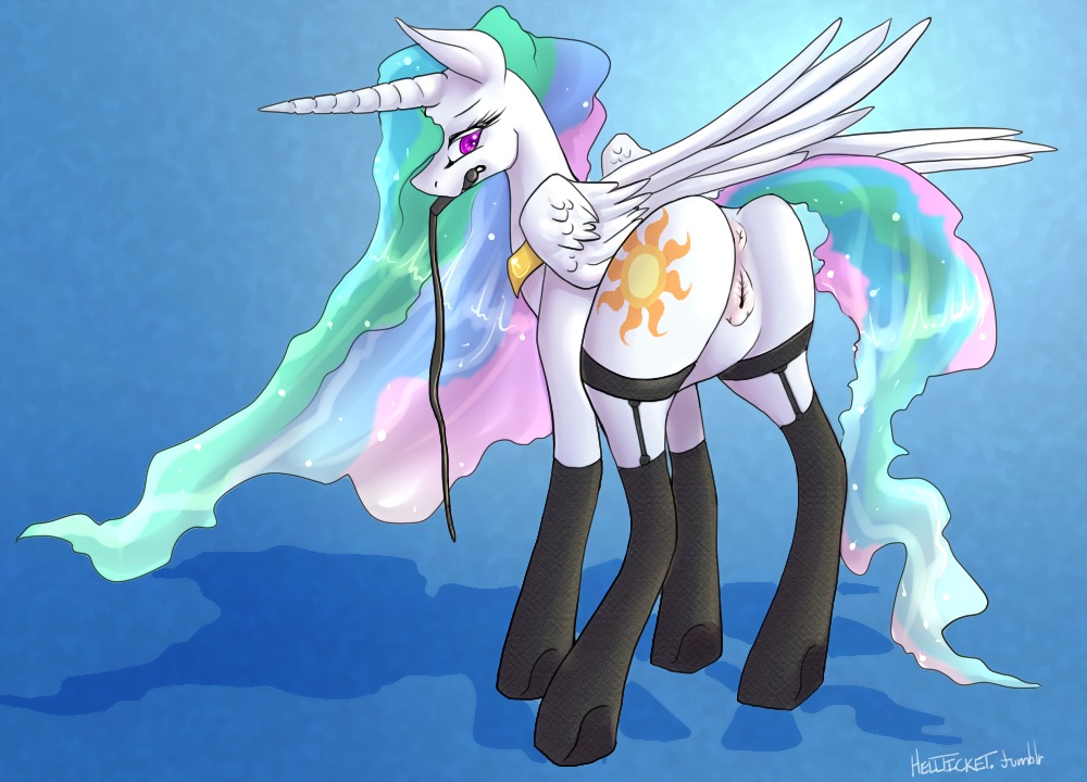 2013 anus clothing cutie_mark e621 equid equine feathered_wings feathers female feral friendship_is_magic fur genitals hair hasbro hellticket horn jewelry legwear mammal multicolored_hair my_little_pony mythological_creature mythological_equine mythology necklace princess princess_celestia_(mlp) purple_eyes quadruped royalty simple_background solo stockings tail textured_background vulva whip white_body white_feathers white_fur winged_unicorn wings